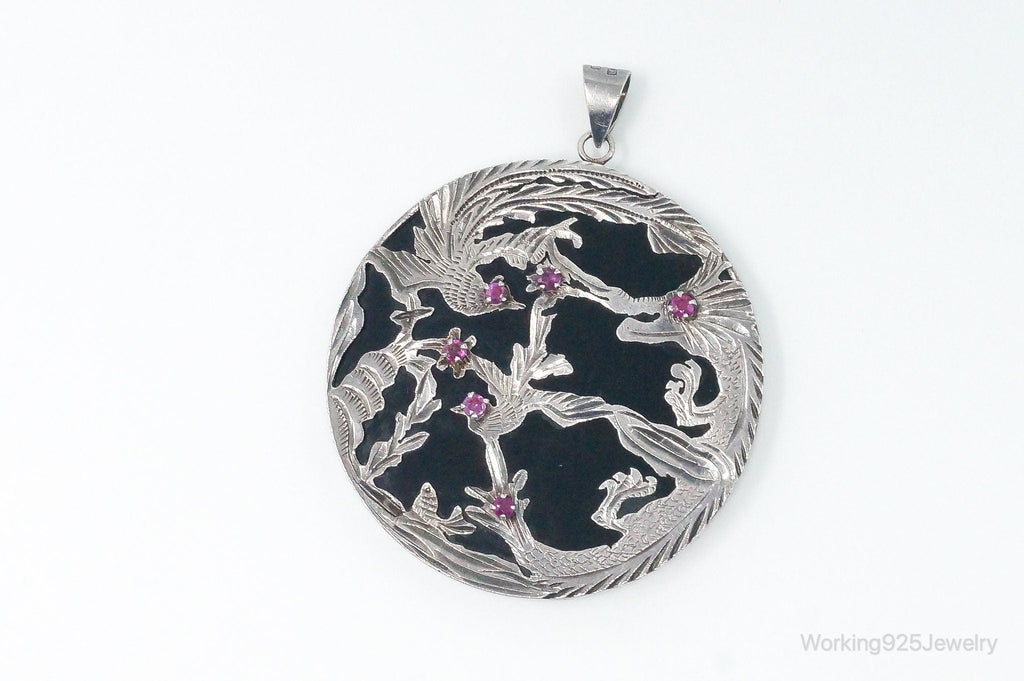 Vintage Large Ruby Black Onyx Etched Birds In Nature Sterling Silver Pendant | Jewelry > Necklaces > Pendants | Wiccan Center