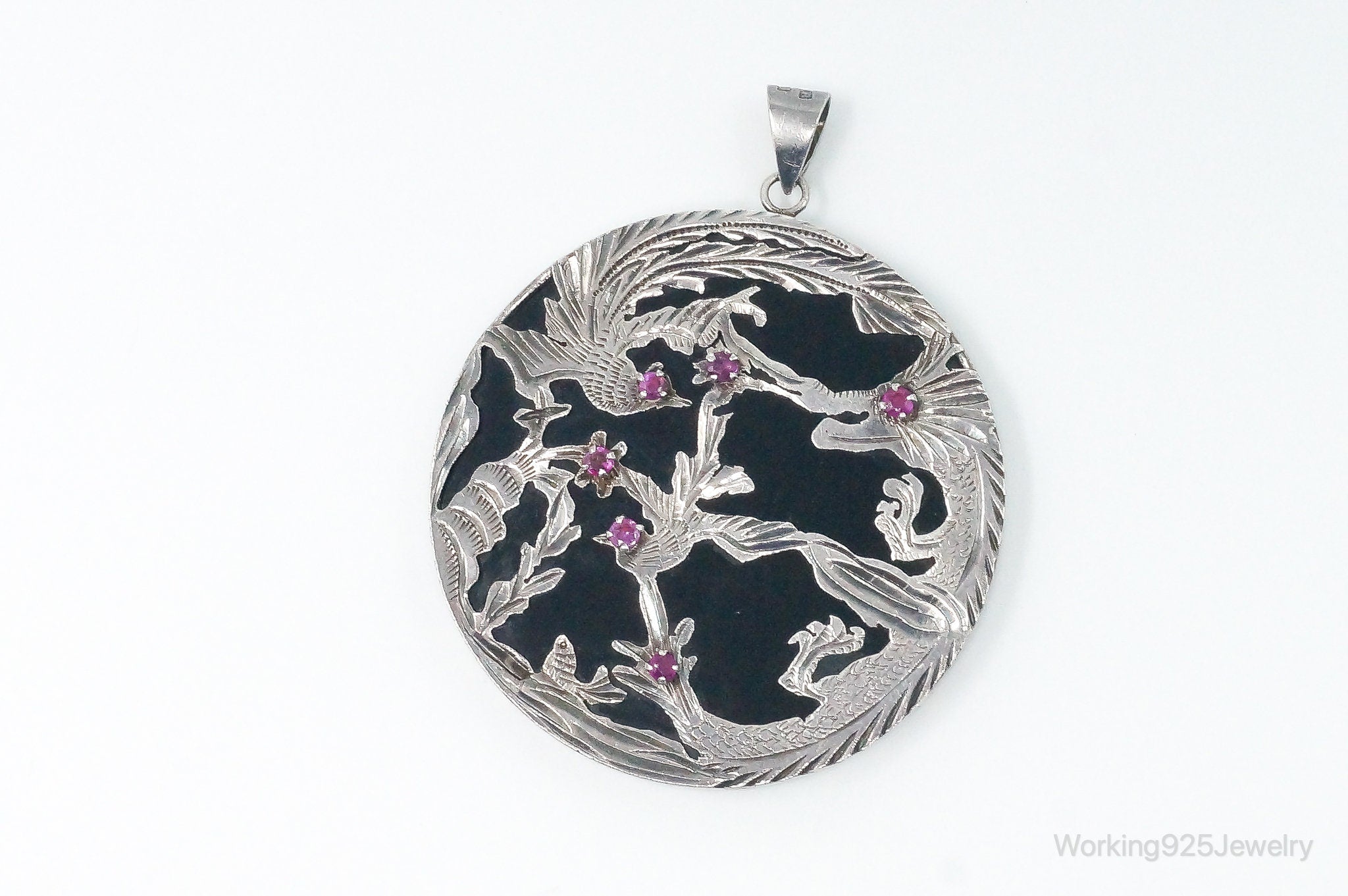 Vintage Large Ruby Black Onyx Etched Birds In Nature Sterling Silver Pendant | Jewelry > Necklaces > Pendants | Wiccan Center