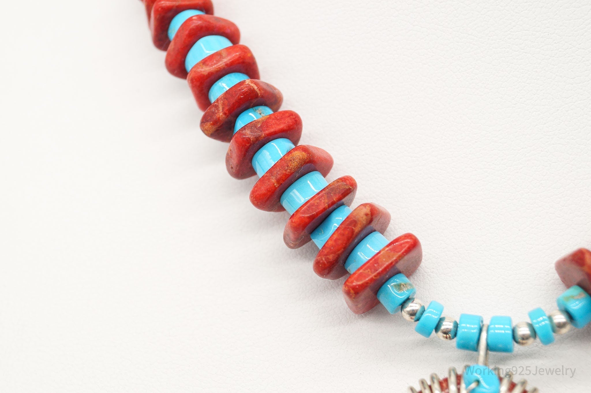 Vintage Native American Running Bear Coral Turquoise Bead SS Necklace | Jewelry > Necklaces | Wiccan Center