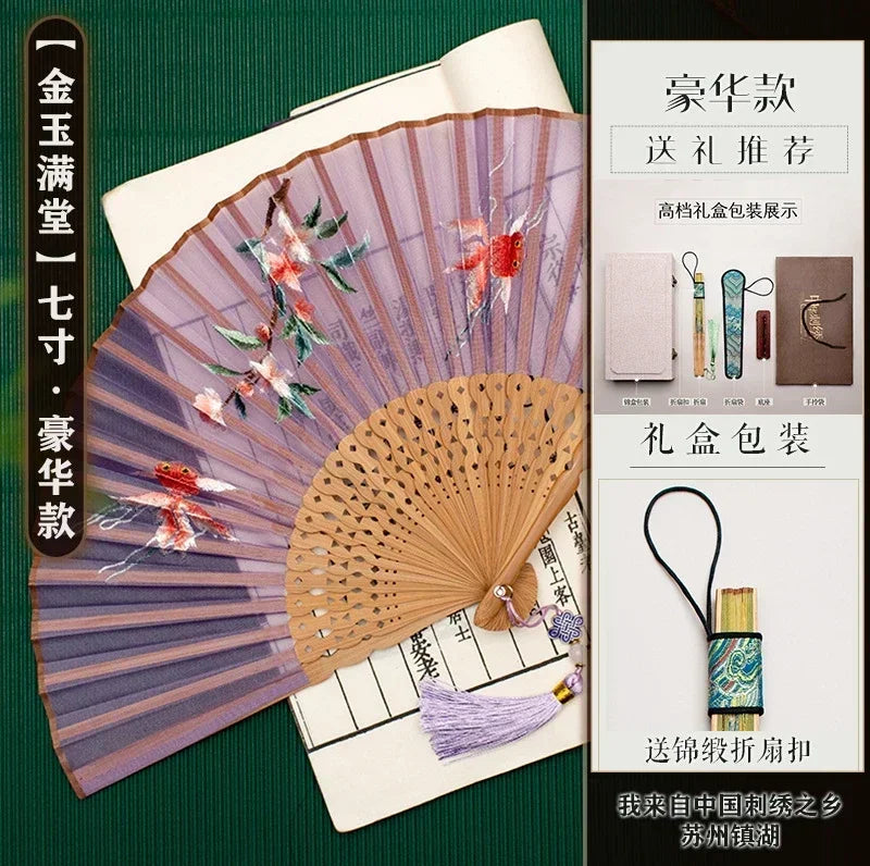 Chinese Embroidery Style Bamboo Folding Fan, Embroidery Female Silk Fan, Silk Fan Chinese Style