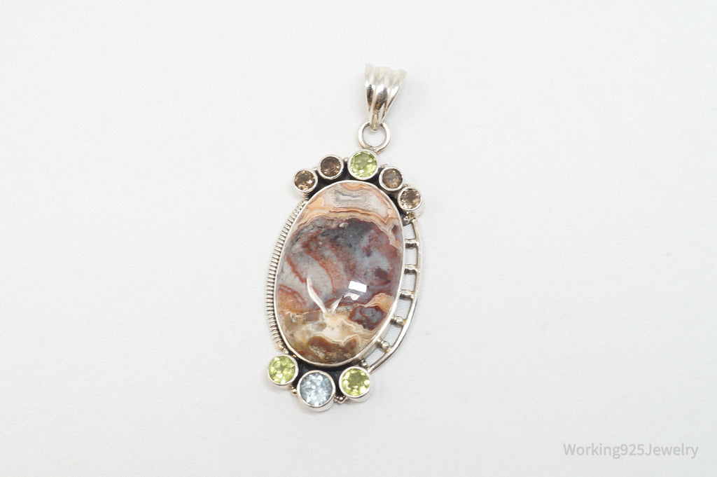 Vintage Large Brown Crazy Lace Agate Peridot Sterling Silver Necklace Pendant | Jewelry > Necklaces > Pendants | Wiccan Center