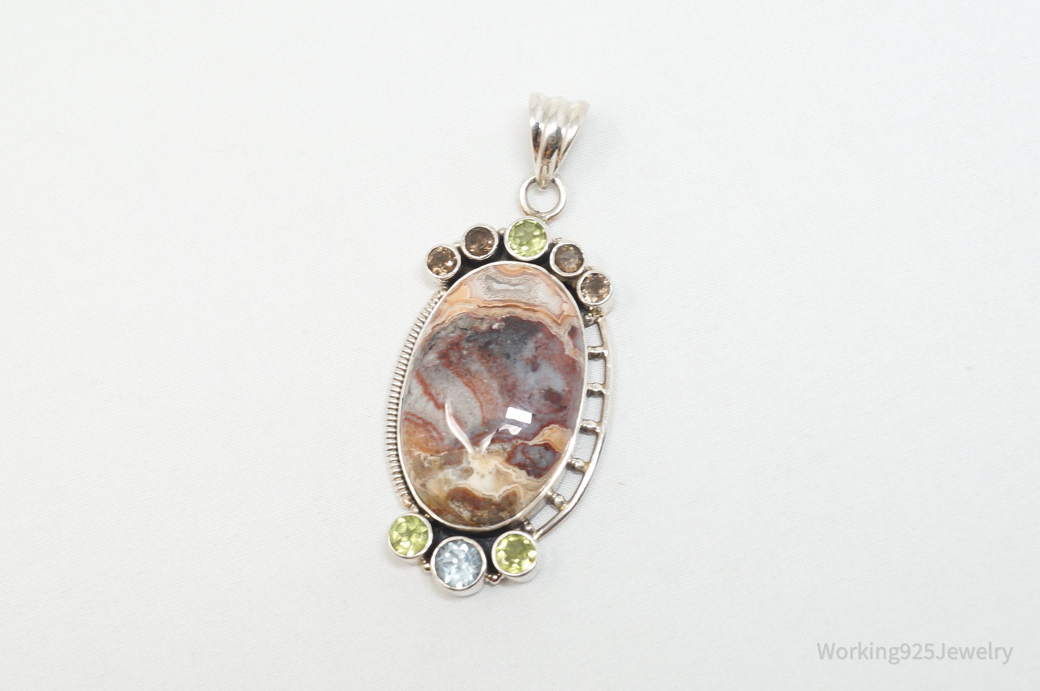 Vintage Large Brown Crazy Lace Agate Peridot Sterling Silver Necklace Pendant | Jewelry > Necklaces > Pendants | Wiccan Center