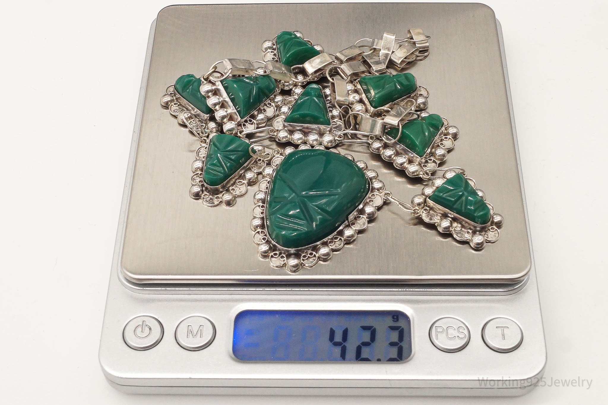Vintage Mexico Green Onyx Carved Masks Sterling Silver Necklace | Jewelry > Necklaces > Pendants | Wiccan Center