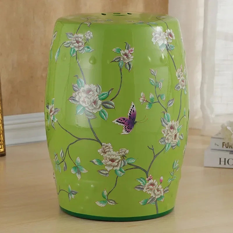 Hand-Painted Ceramic Drum Stool with Floral Bird Motif – Porcelain Oriental Accent Ottoman for Living Room or Entryway | Stool | Wiccan Center