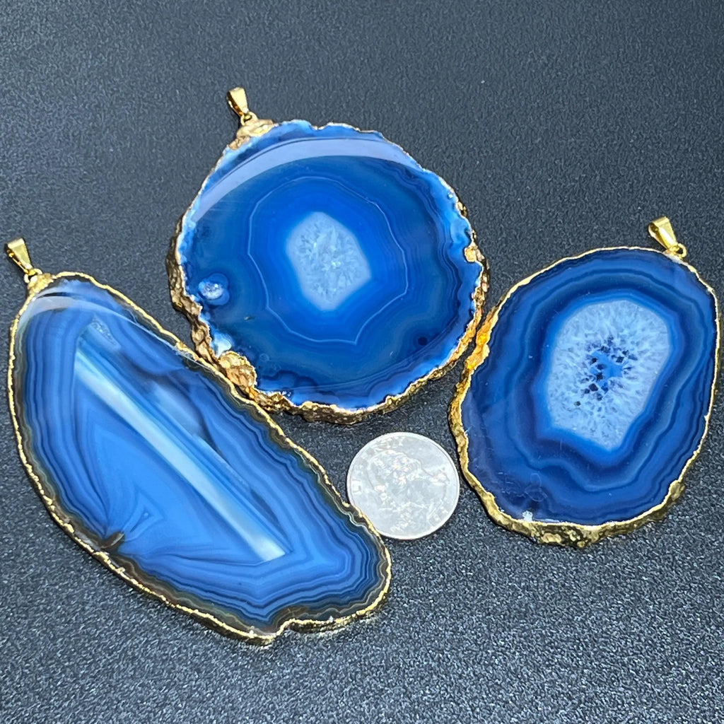 Large Blue Agate Slice Pendant (Gold Plated Edges) Wholesale | Craft Supplies & Tools > Beads, Gems & Cabochons > Charms & Pendants > Charms | Wiccan Center
