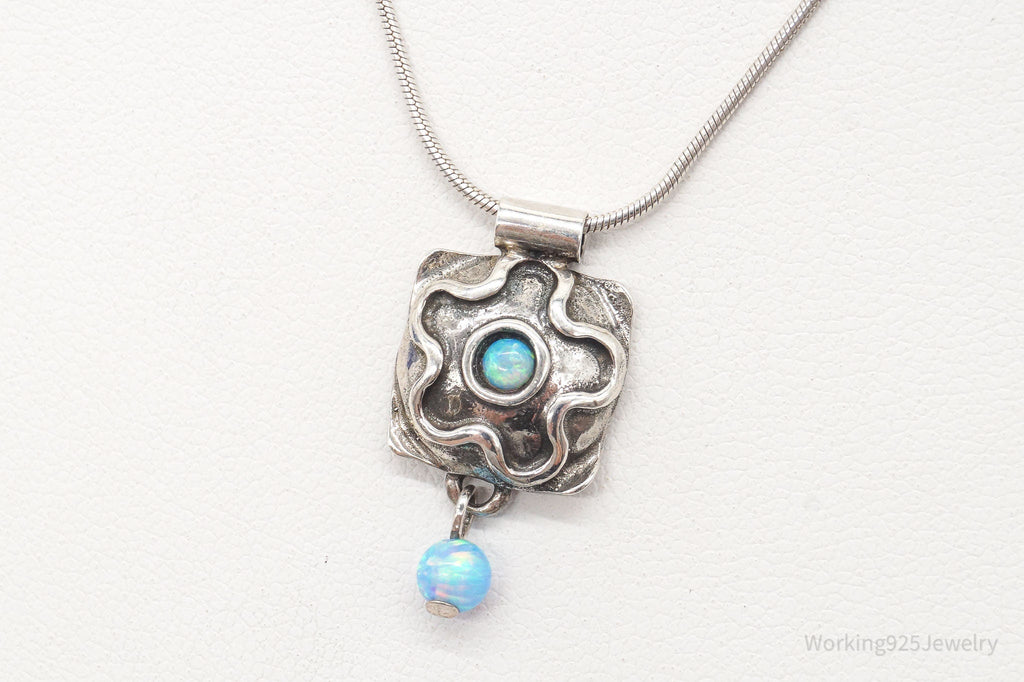 Vintage Flower Blue Fire Opal Hammered Style Sterling Silver Necklace | Jewelry > Necklaces | Wiccan Center