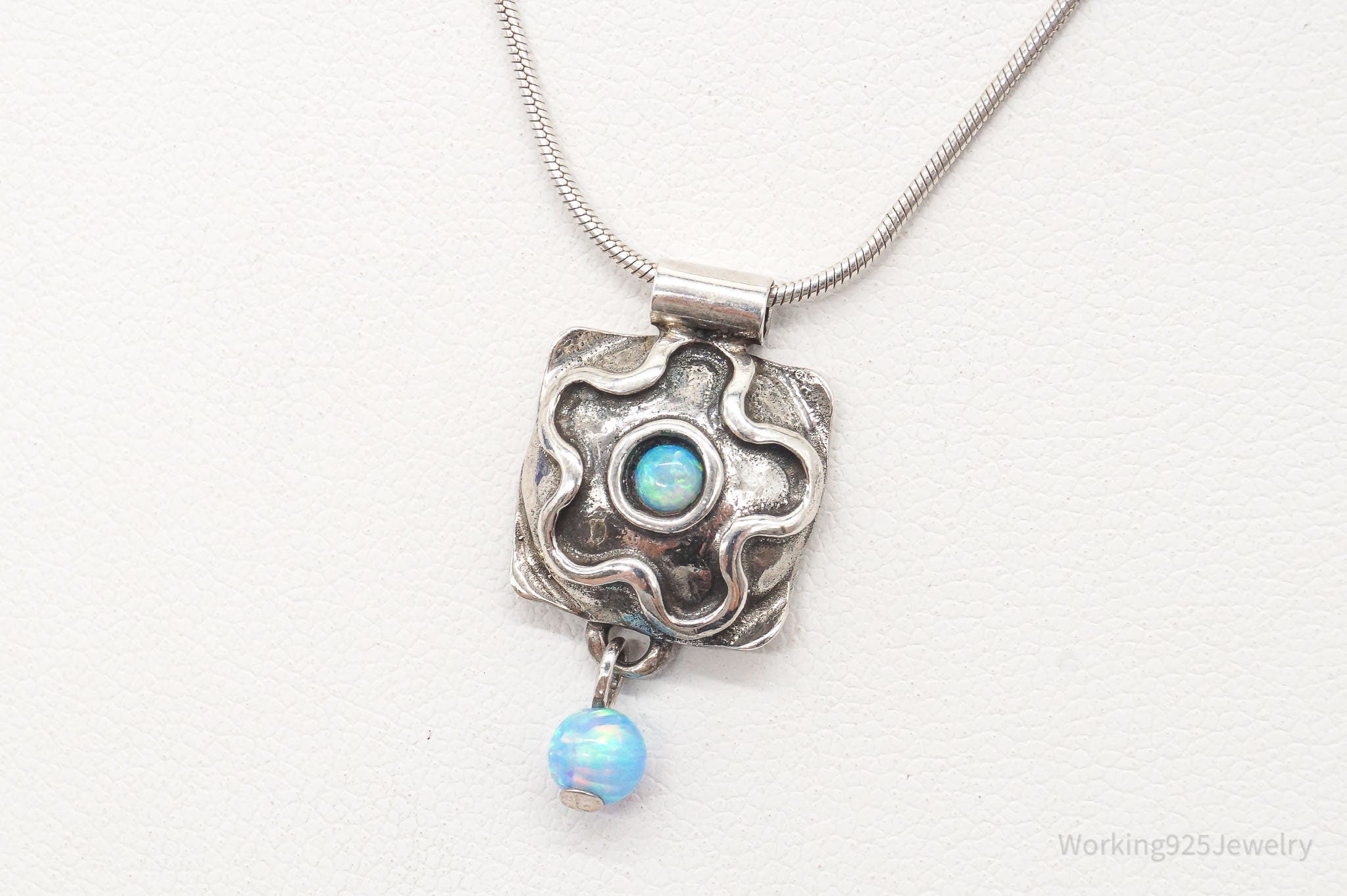 Vintage Flower Blue Fire Opal Hammered Style Sterling Silver Necklace | Jewelry > Necklaces | Wiccan Center