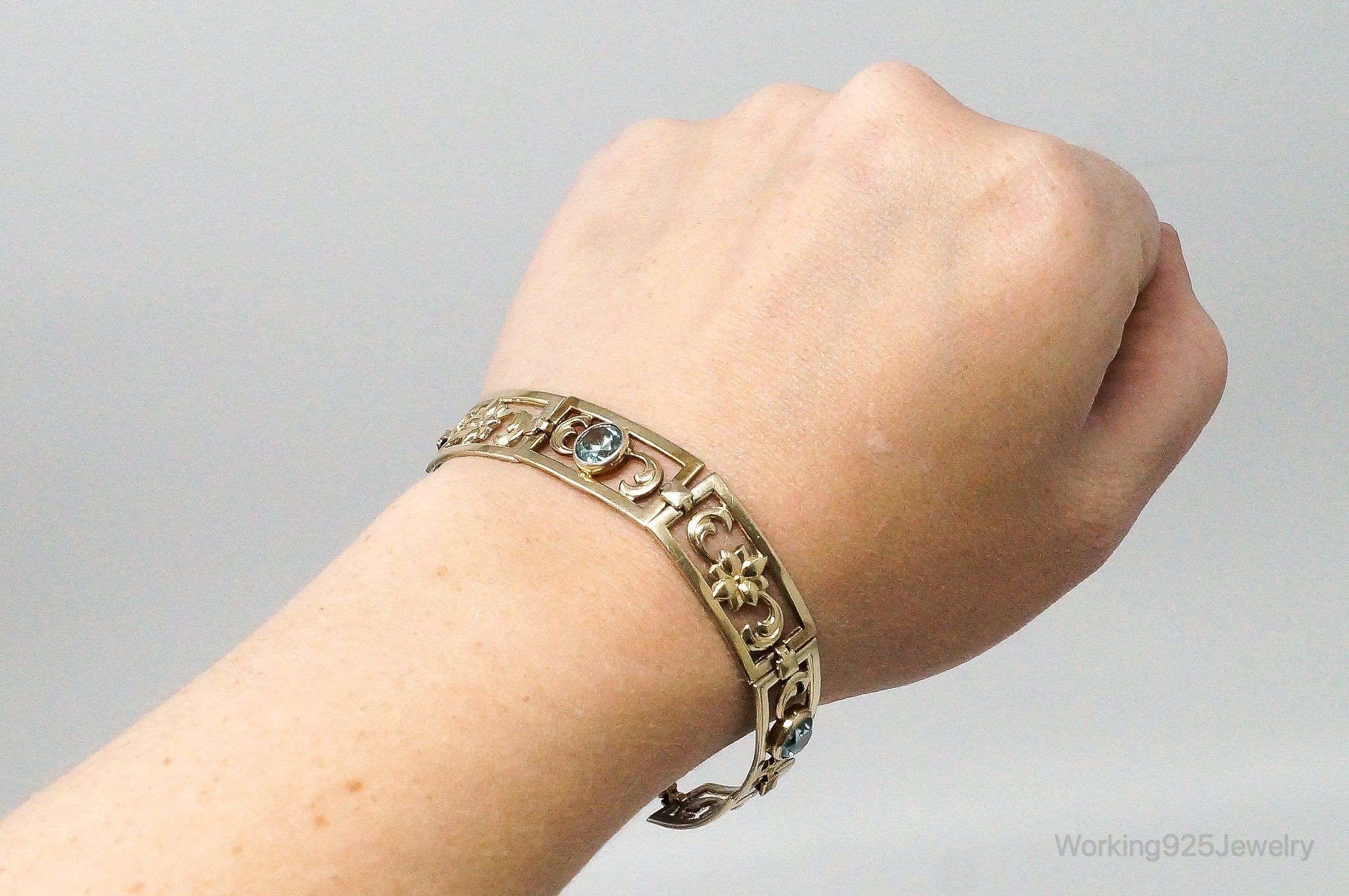 Vintage Designer Symmetalic 14K Gold Blue Topaz Art Deco SterlingSilver Bracelet | Jewelry > Bracelets | Wiccan Center