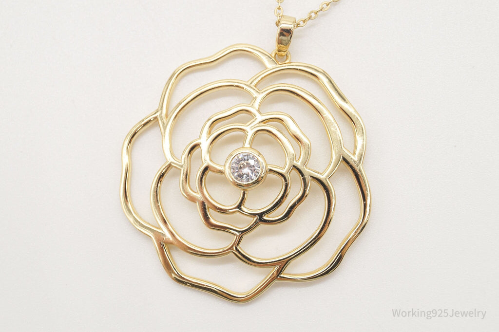 Vintage Cubic Zirconia Gold Vermeil Sterling Silver Flower Necklace 18" | Jewelry > Necklaces > Pendants | Wiccan Center