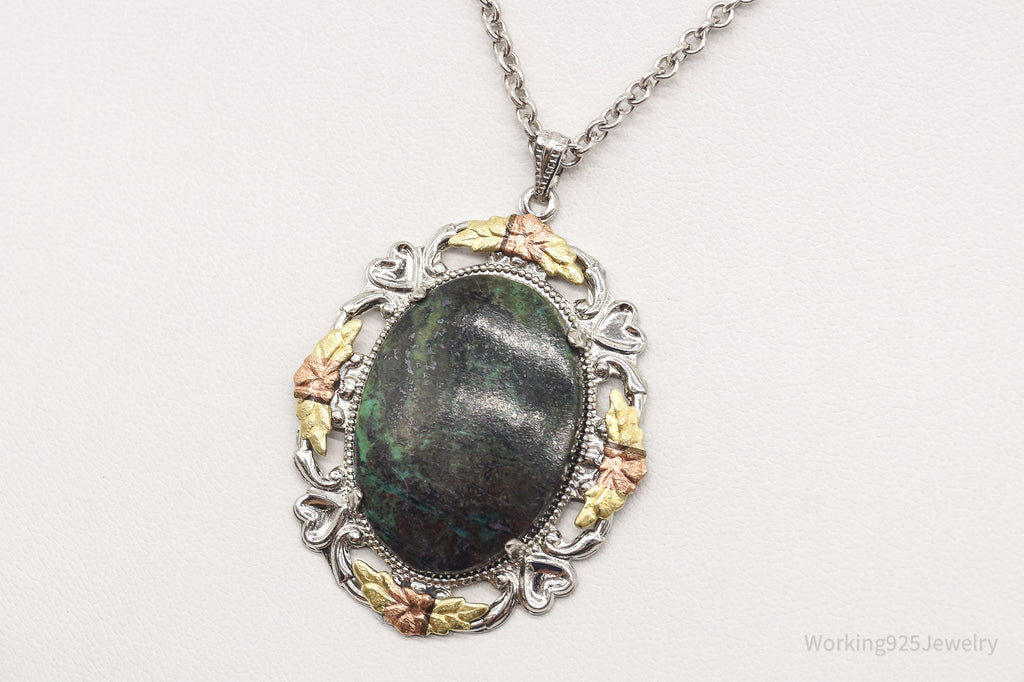 Vintage Green Stone 12K Gold Leaves Sterling Silver Necklace | Jewelry > Necklaces > Pendants | Wiccan Center