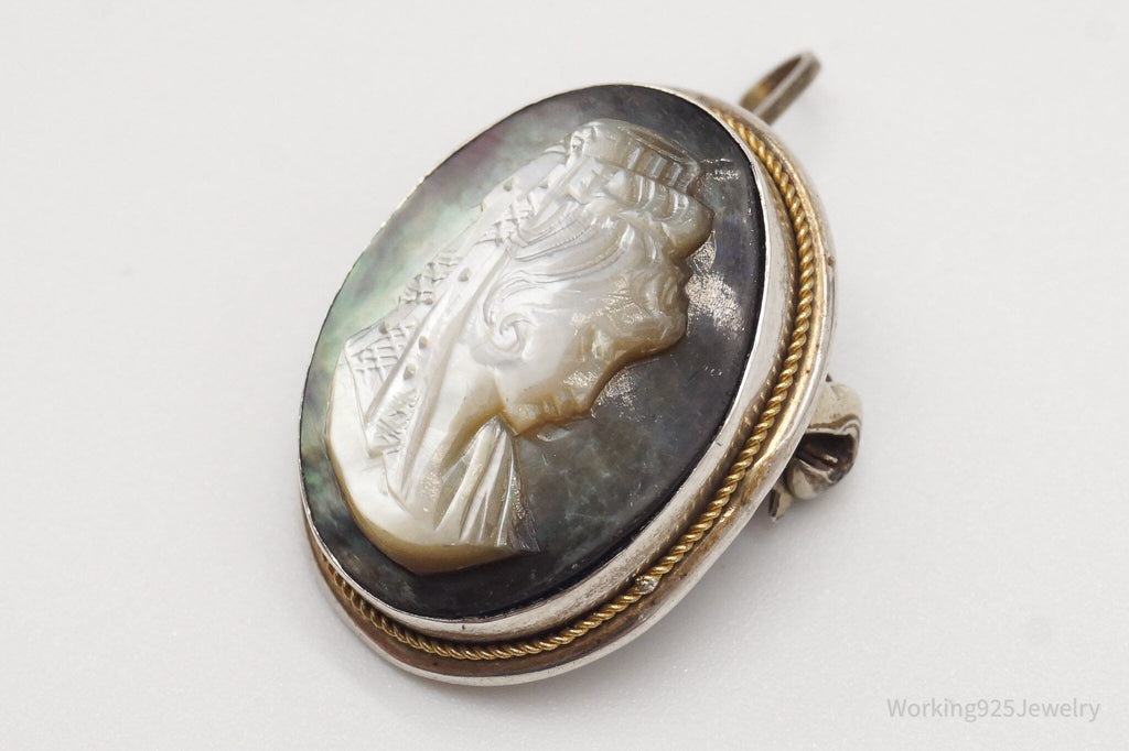 Antique Carved Abalone Shell Woman Cameo 800 Silver Pendant Brooch | Jewelry > Necklaces > Pendants | Wiccan Center