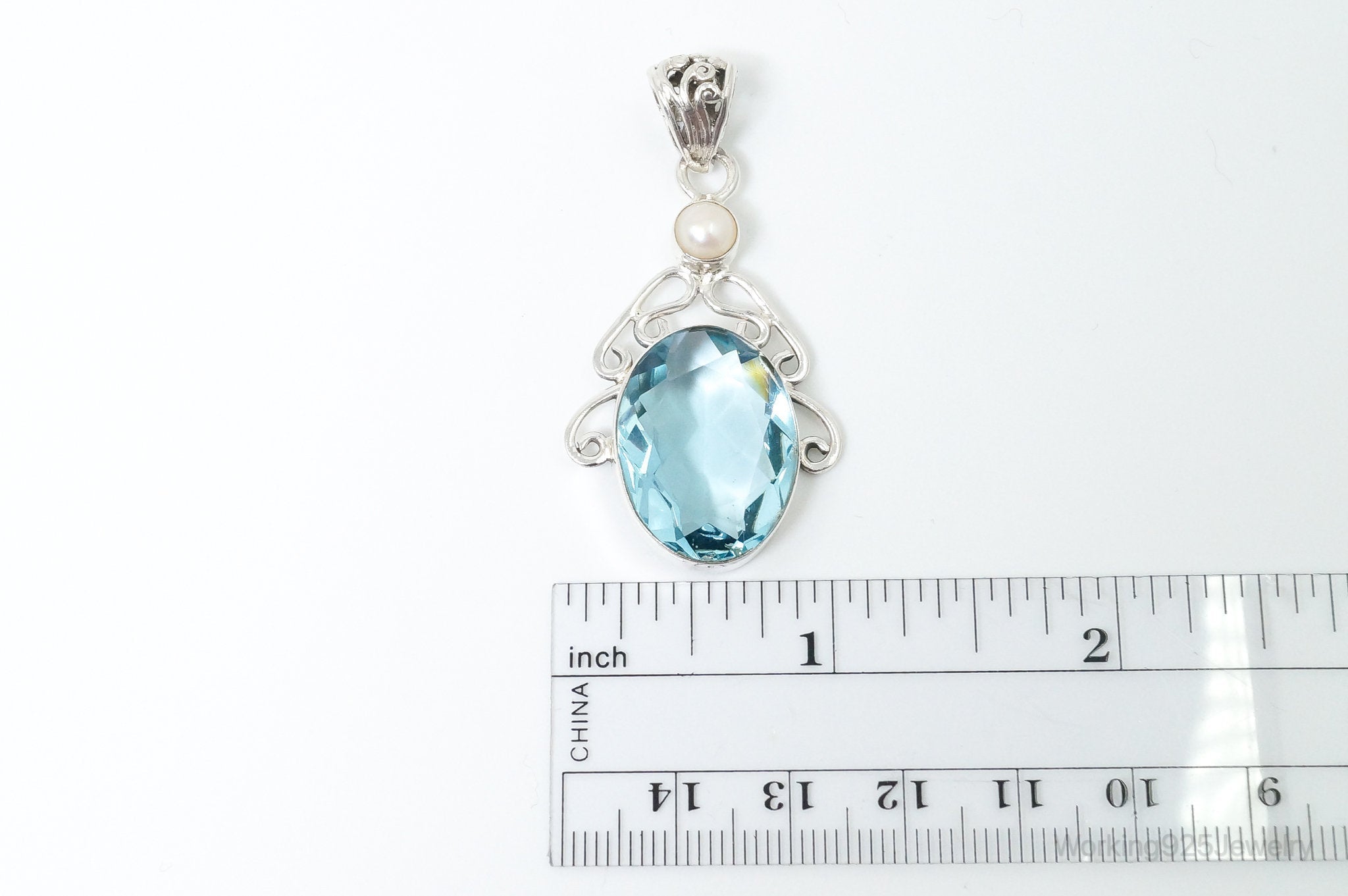 Vintage Art Deco Large Blue Topaz Pearl Sterling Silver Pendant | Jewelry > Necklaces > Pendants | Wiccan Center