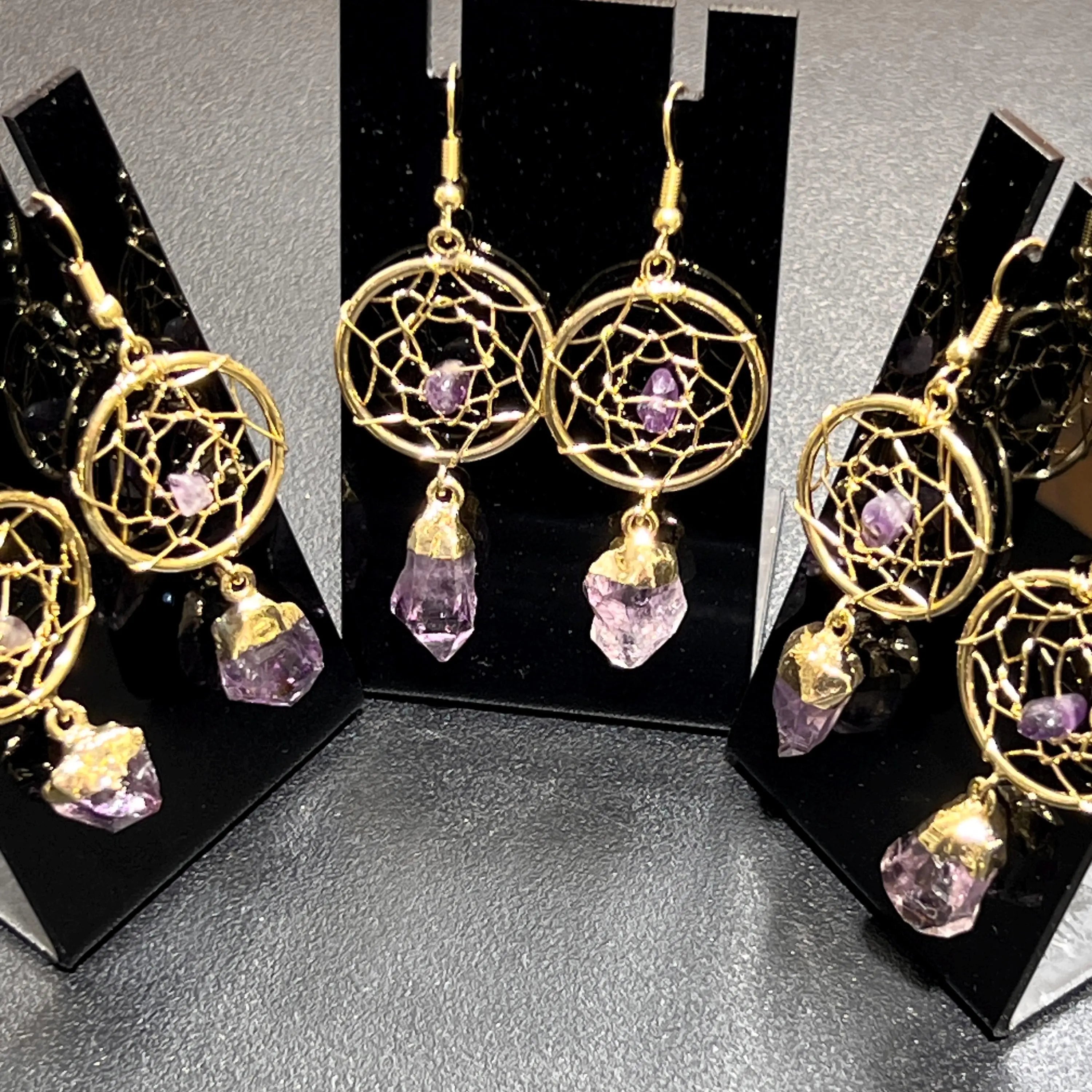 DreamCatcher Earrings Pair (Amethyst Crystal)(Gold Plated)(Stainless Steel Hooks) Gemstone Jewelry Supply | Jewelry > Earrings > Dangle & Drop Earrings | Wiccan Center