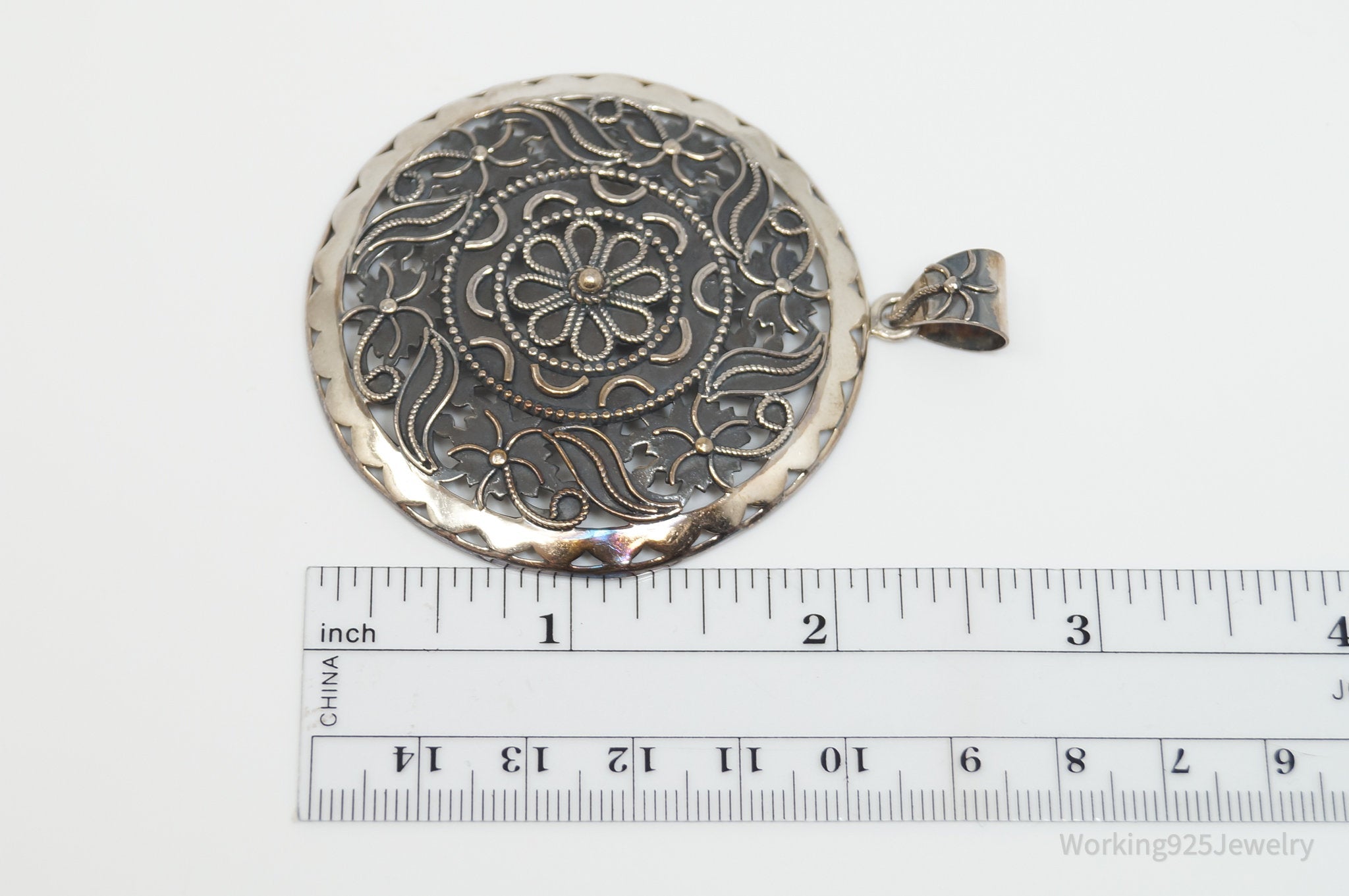 Vintage India Designer Doug Paulus Ornate Flower Sterling Silver Pendant | Jewelry > Necklaces > Pendants | Wiccan Center
