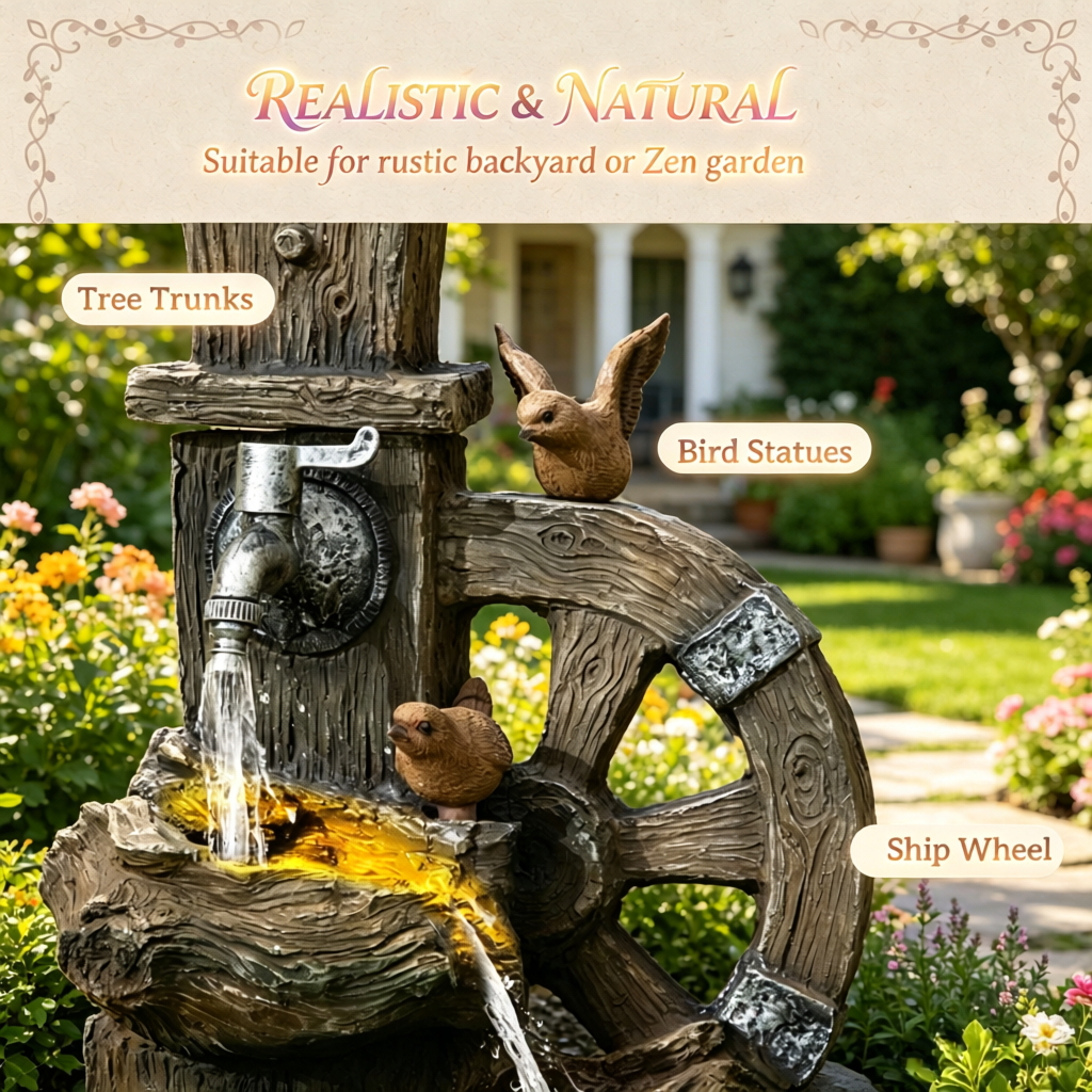 Resin Rustic Outdoor Fountain Birdhouse and Iron Tap
