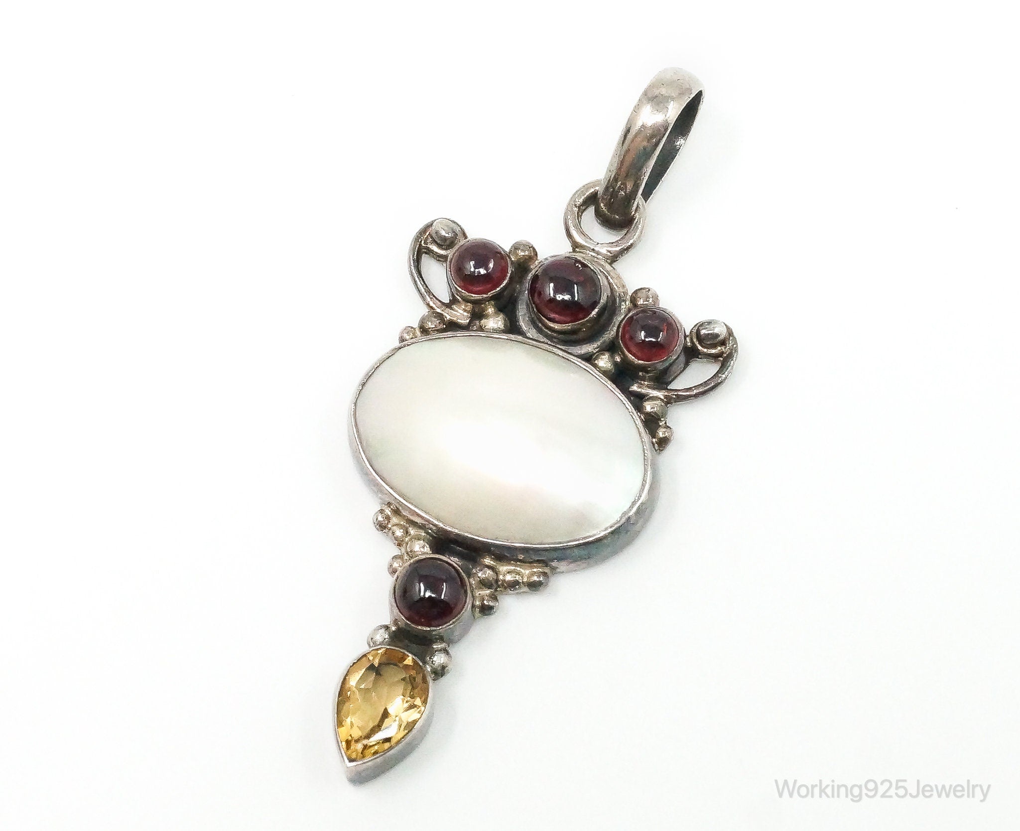 Large Vintage Mothe Of Pearl Citrine Garnet Sterling Silver Pendant | Jewelry > Necklaces > Pendants | Wiccan Center