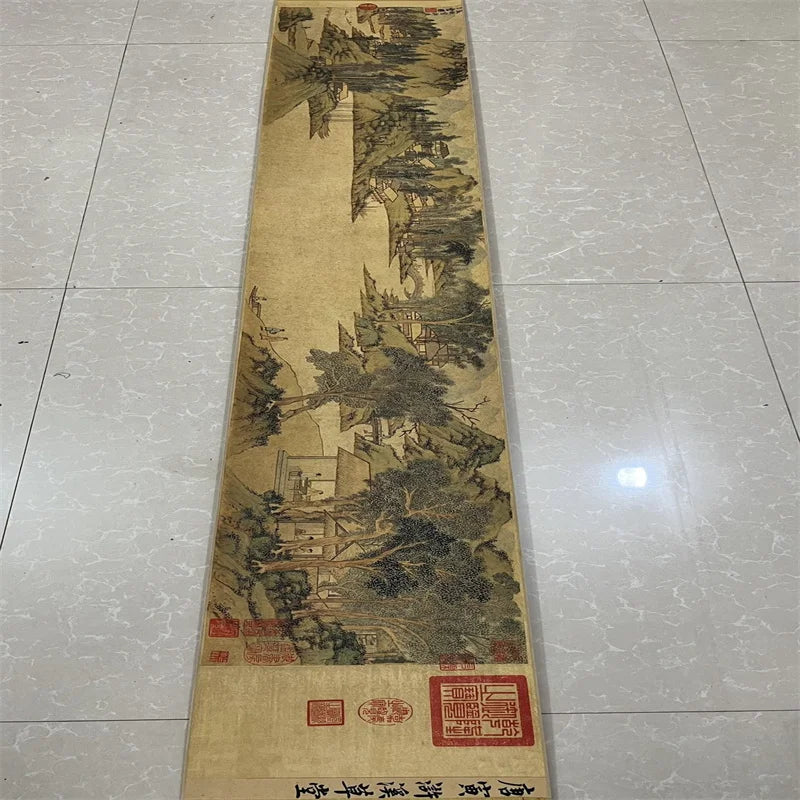 China Long Scroll Watercolor & Calligraphy – Tang Yin “Huxi Thatched Cottage” (Collectible)