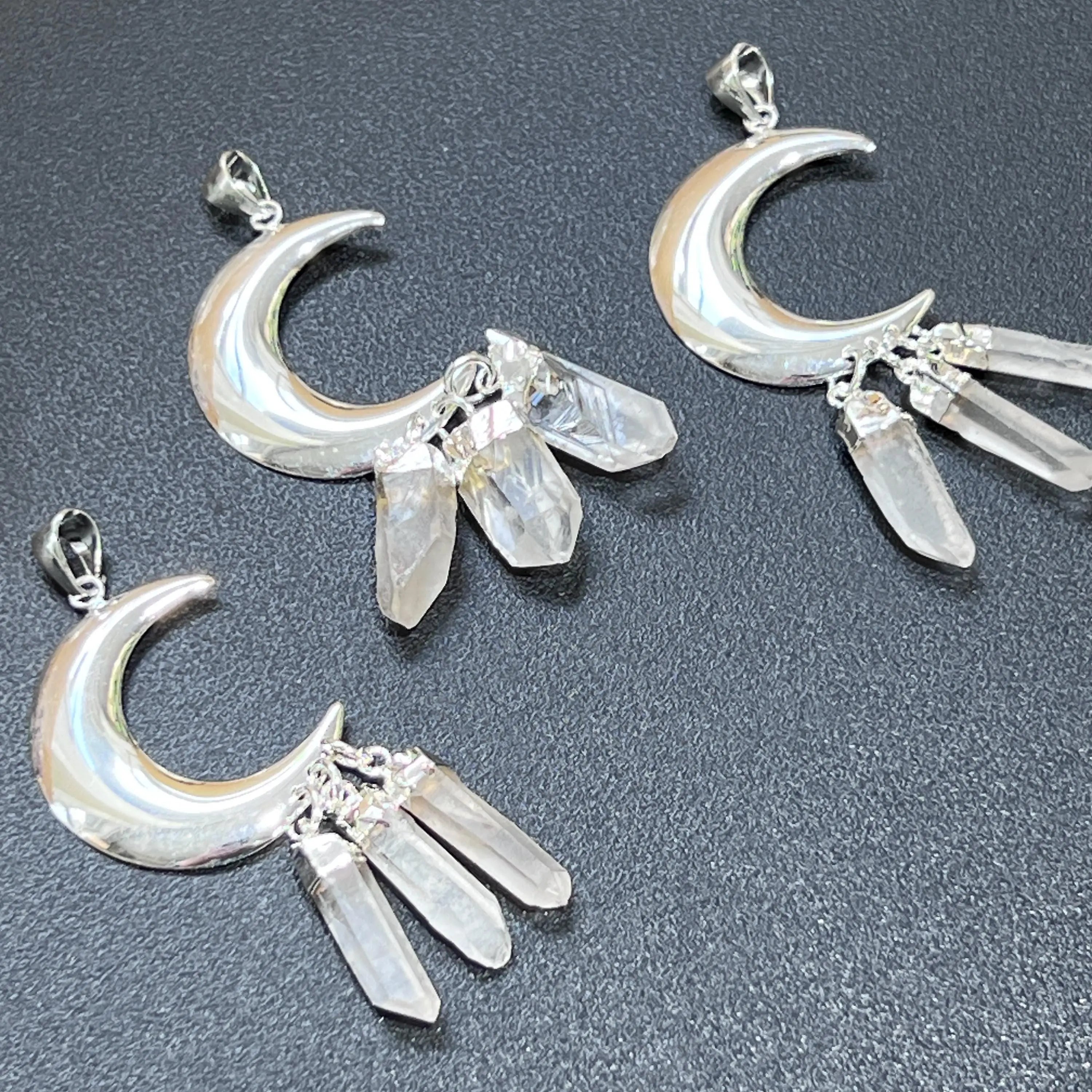 Quartz Crystal Crescent Moon Pendant (Silver Plated)(3 Crystals) Gemstone Jewelry Necklace Supply | Craft Supplies & Tools > Beads, Gems & Cabochons > Charms & Pendants > Charms | Wiccan Center
