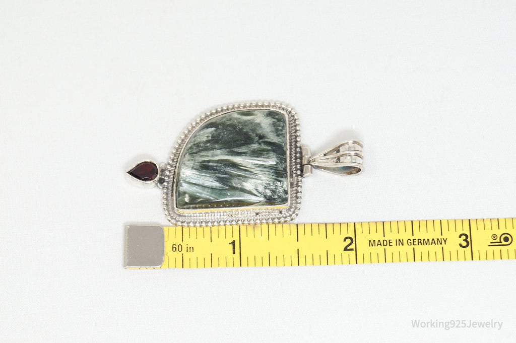 Vintage Large Green Seraphinite Garnet Sterling Silver Necklace Pendant | Jewelry > Necklaces > Pendants | Wiccan Center