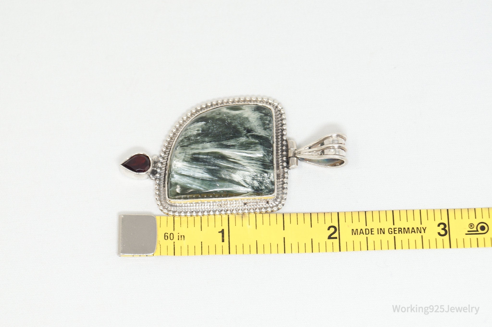 Vintage Large Green Seraphinite Garnet Sterling Silver Necklace Pendant | Jewelry > Necklaces > Pendants | Wiccan Center
