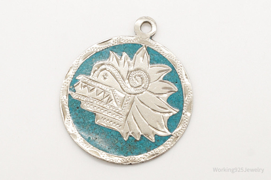 Vintage Large Mexico Mayan Aztec Warrior Mask Turquoise Alpaca Silver Pendant | Jewelry > Necklaces > Pendants | Wiccan Center