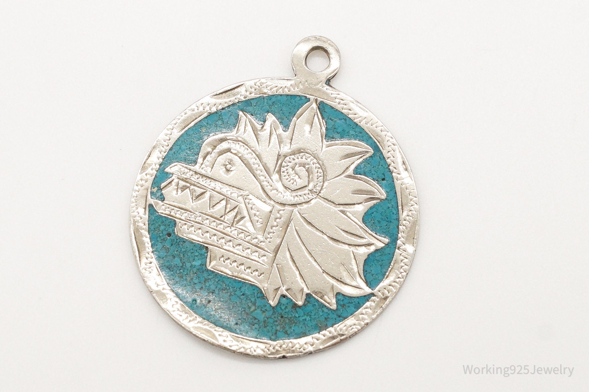 Vintage Large Mexico Mayan Aztec Warrior Mask Turquoise Alpaca Silver Pendant | Jewelry > Necklaces > Pendants | Wiccan Center