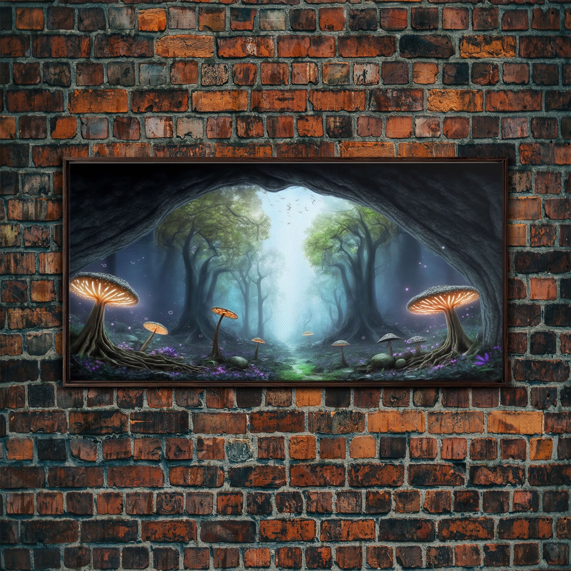 Magical Enchanted Mushroom Forest, Fantasy Art, Framed Canvas Print, Bioluminescent Butterflies in an Enchanted Forest, Glowing Art | | Wiccan Center