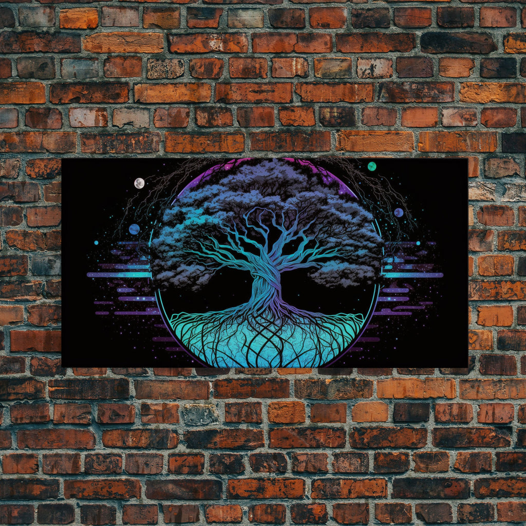 Norse Mythology Art, Synthwave Style Yggdrasil Tree of Life and the 9 Realms, Fantasy Art, Framed Canvas Print, Game Room Nordic Art | | Wiccan Center