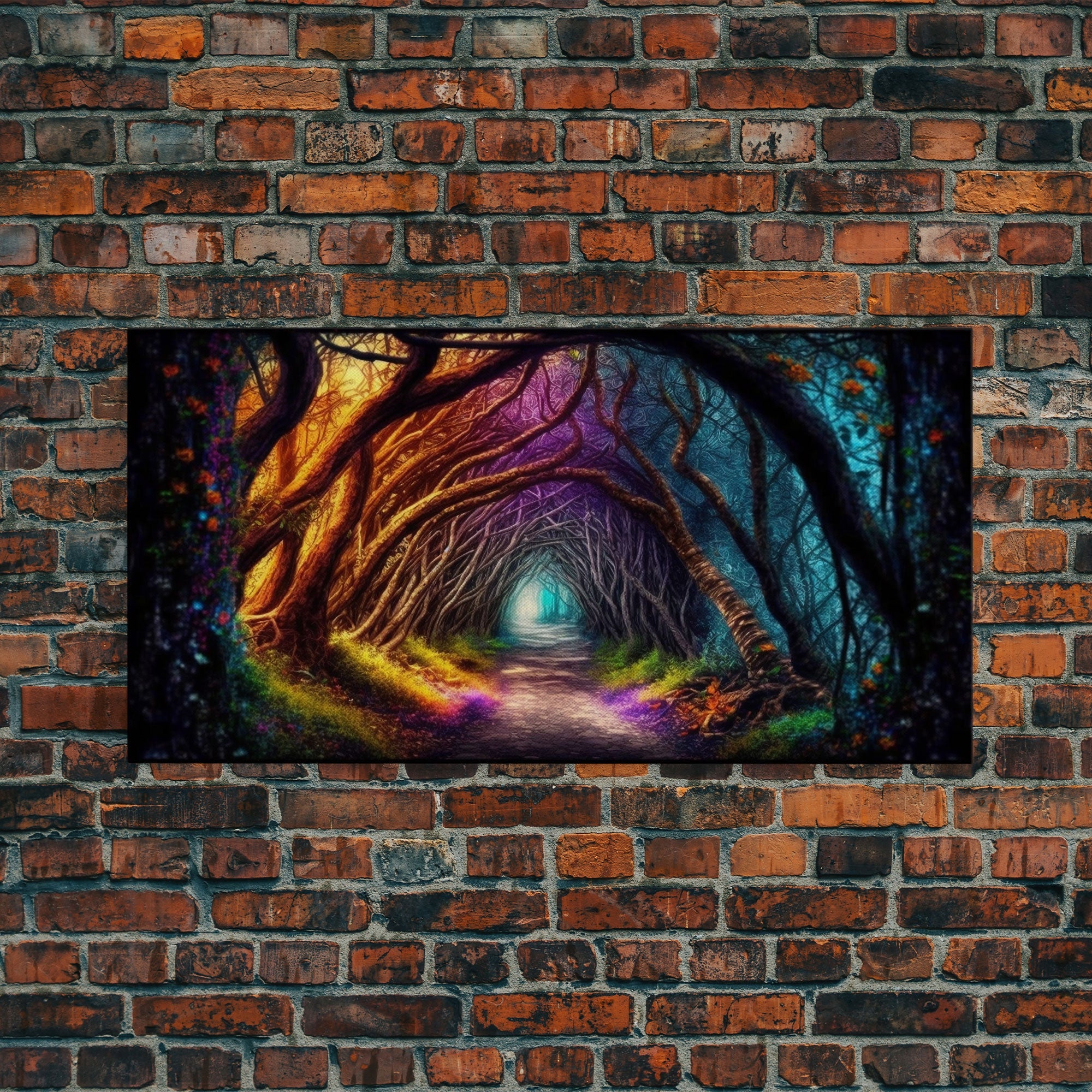Secret Path, Fantasy Art, Pop Art Forest Landscape, Framed Canvas Print, Colorful Forest Painting, Living Room Art, Glowing Magical Forest | | Wiccan Center