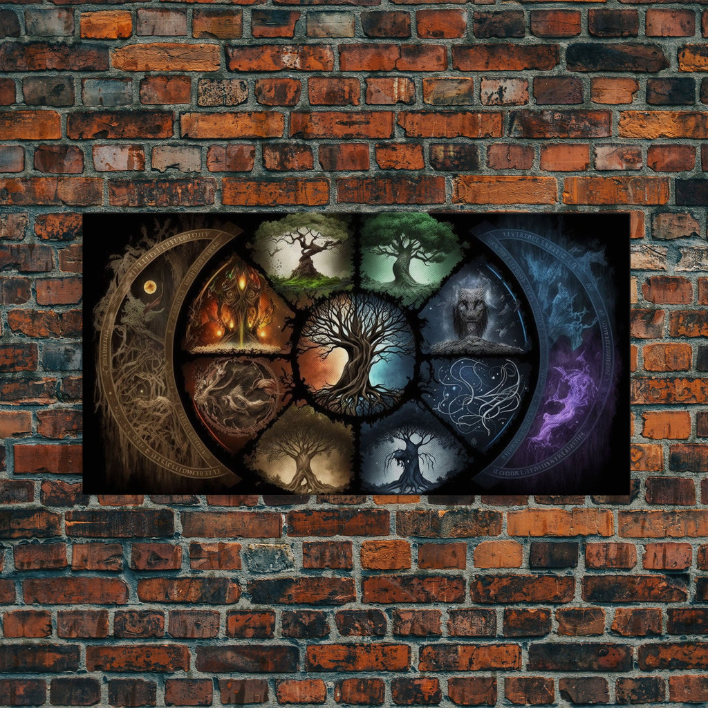 The Interconnected 9 Realms of Norse Mythology with Yggdrasil, Nordic Art, Framed Canvas Print, Nine Realms, Viking Art | | Wiccan Center