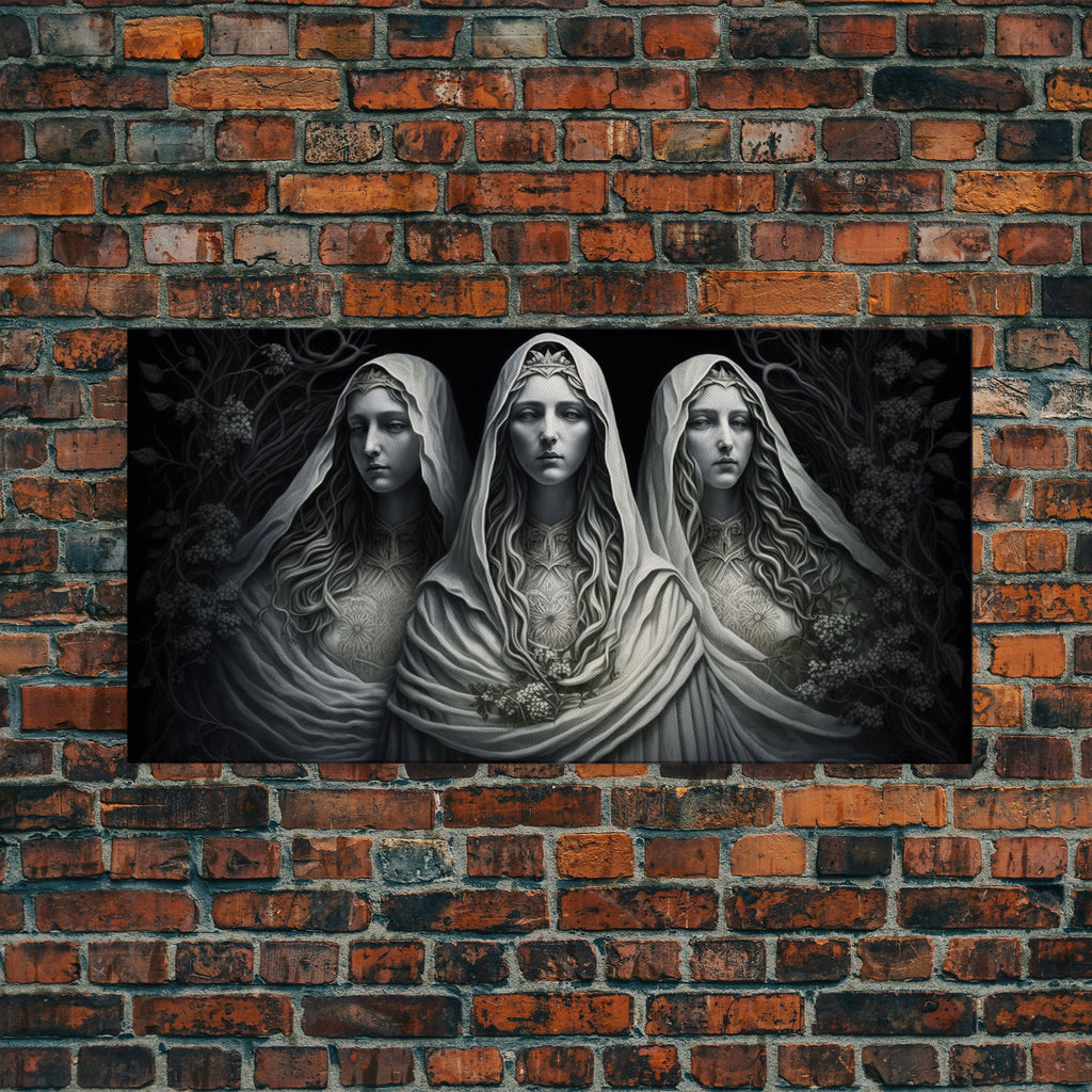 The Norns, Norse Mythology, Weavers of Fate, Framed Canvas Print, Urðr, Verðandi, and Skuld, Black and White Norse Fantasy Art | | Wiccan Center