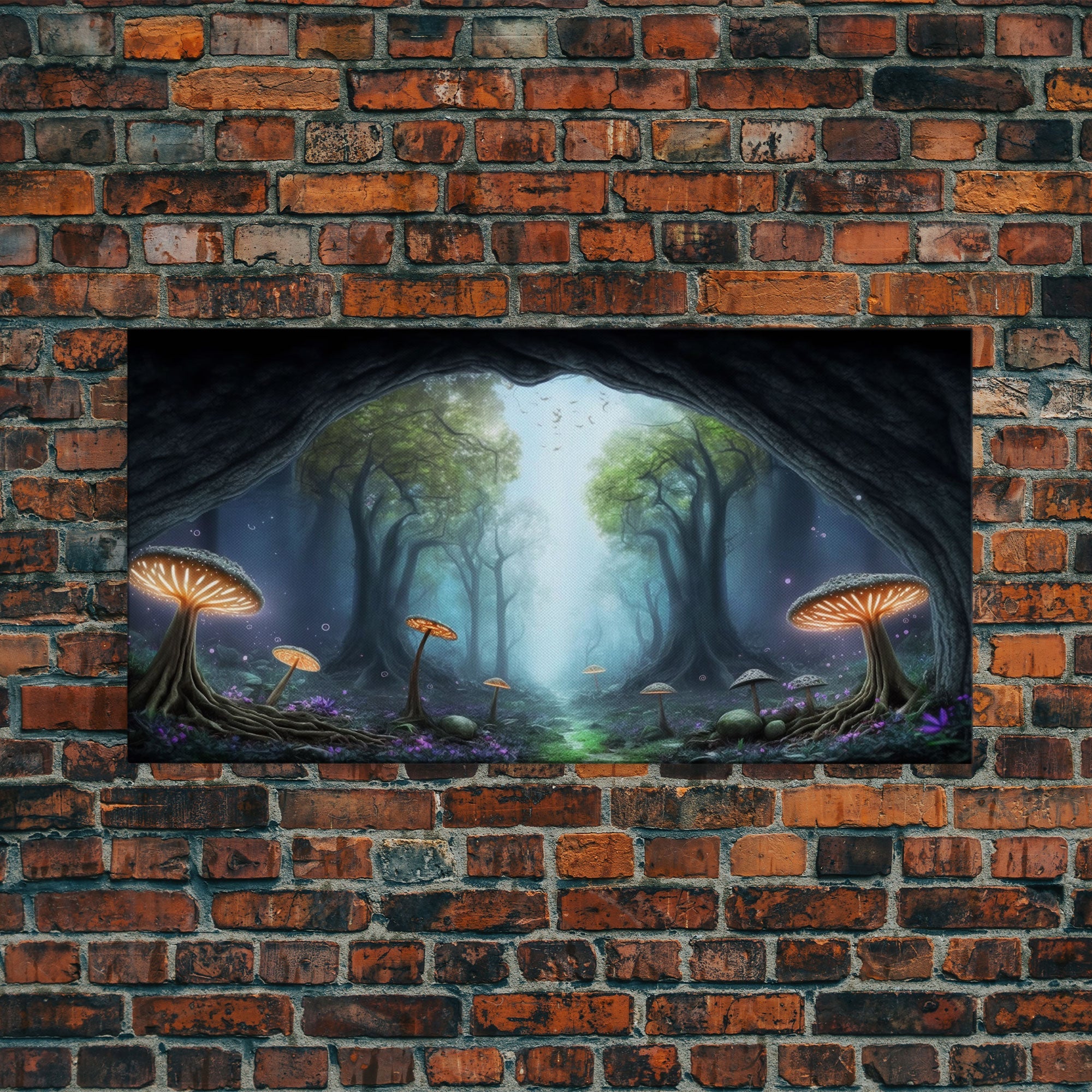 Magical Enchanted Mushroom Forest, Fantasy Art, Framed Canvas Print, Bioluminescent Butterflies in an Enchanted Forest, Glowing Art | | Wiccan Center