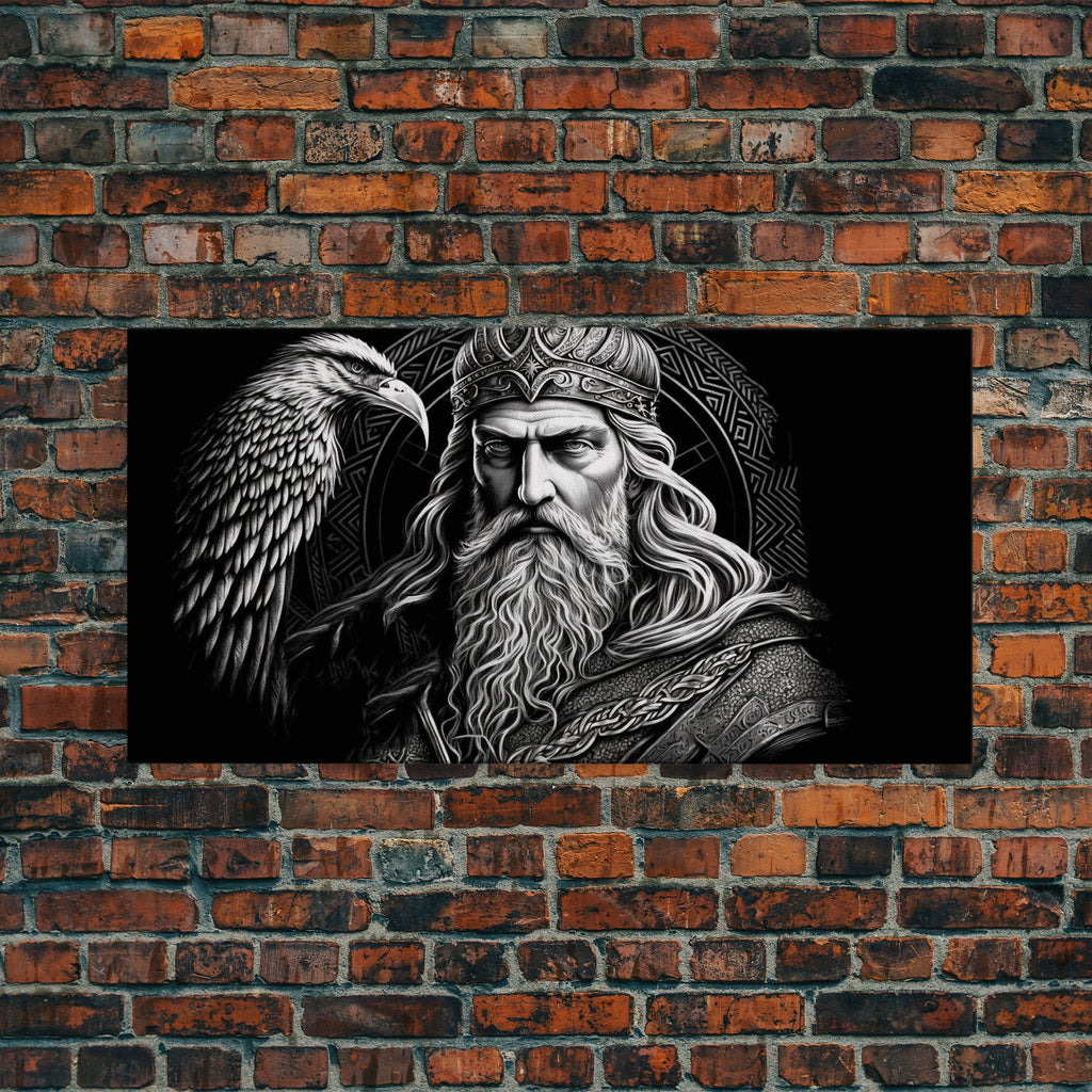 Black and White Portrait of Odin and Muninn, King of The Gods, Framed Canvas Print, Odin's Ravens, Norse Mythology Art | | Wiccan Center