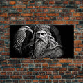 Black and White Portrait of Odin and Muninn, King of The Gods, Framed Canvas Print, Odin's Ravens, Norse Mythology Art | | Wiccan Center