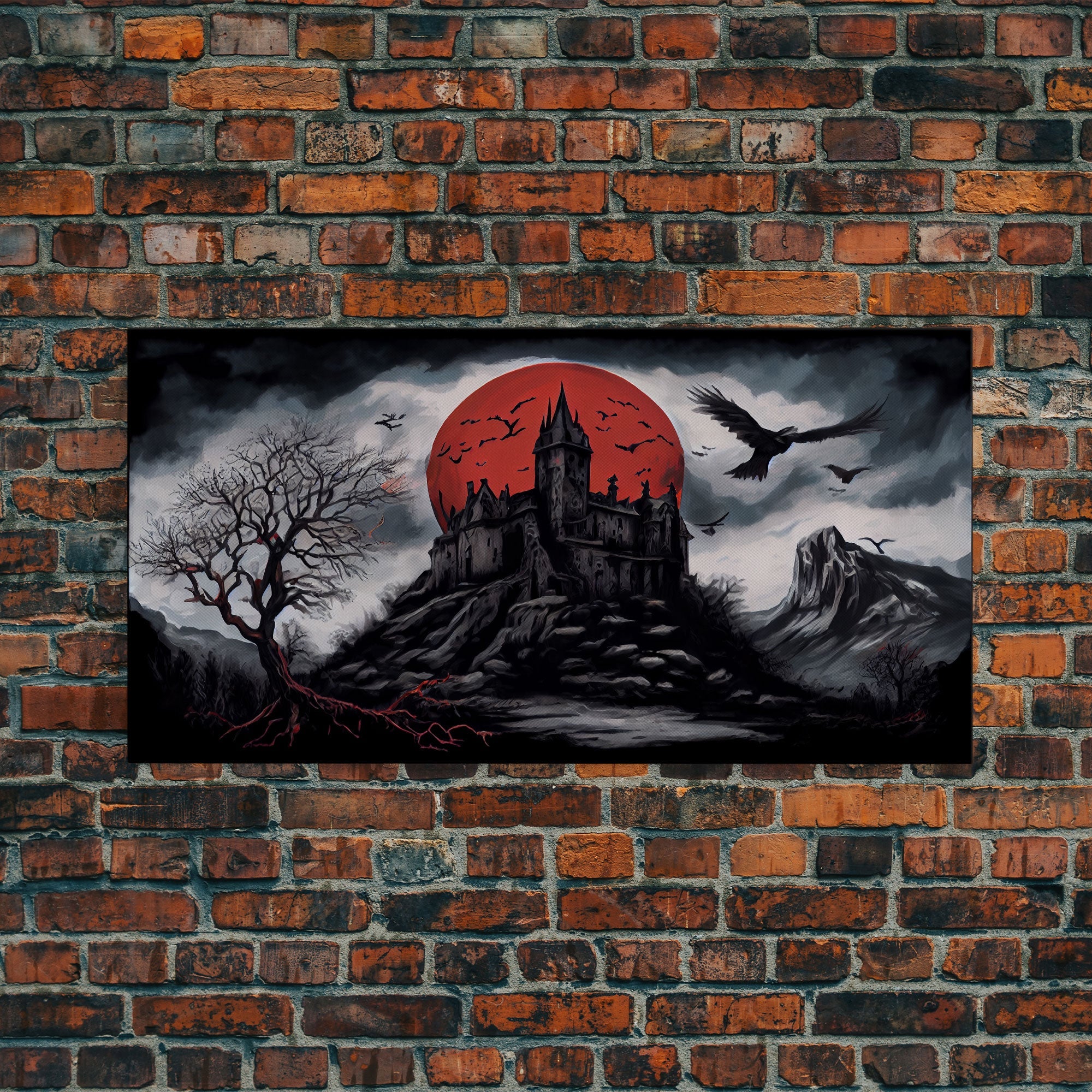 Horror Art, Haunted Castle and Blood Moon, Framed Canvas Print, Goth Art, Gothic Decor, Cool Wall Art