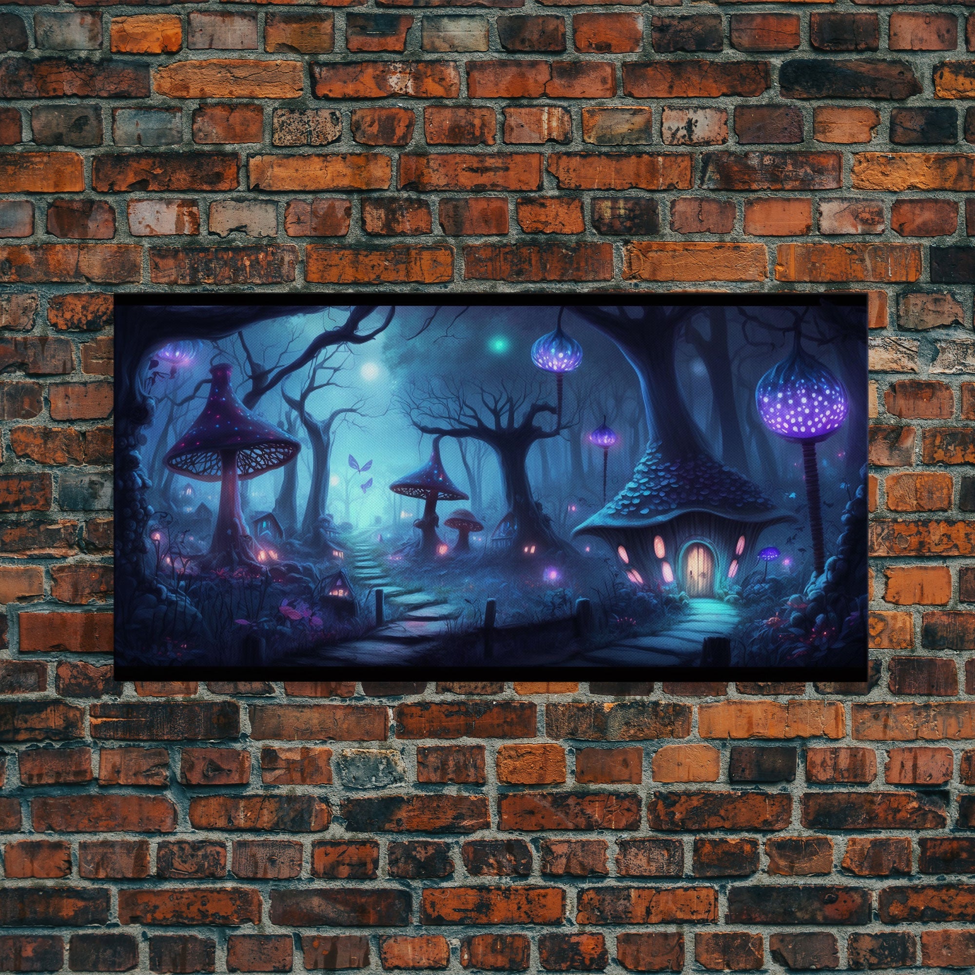 Magical Mushroom Fantasy Forest Wall Art, Framed Canvas Print, Game Room Art, Fantasy Decor | | Wiccan Center