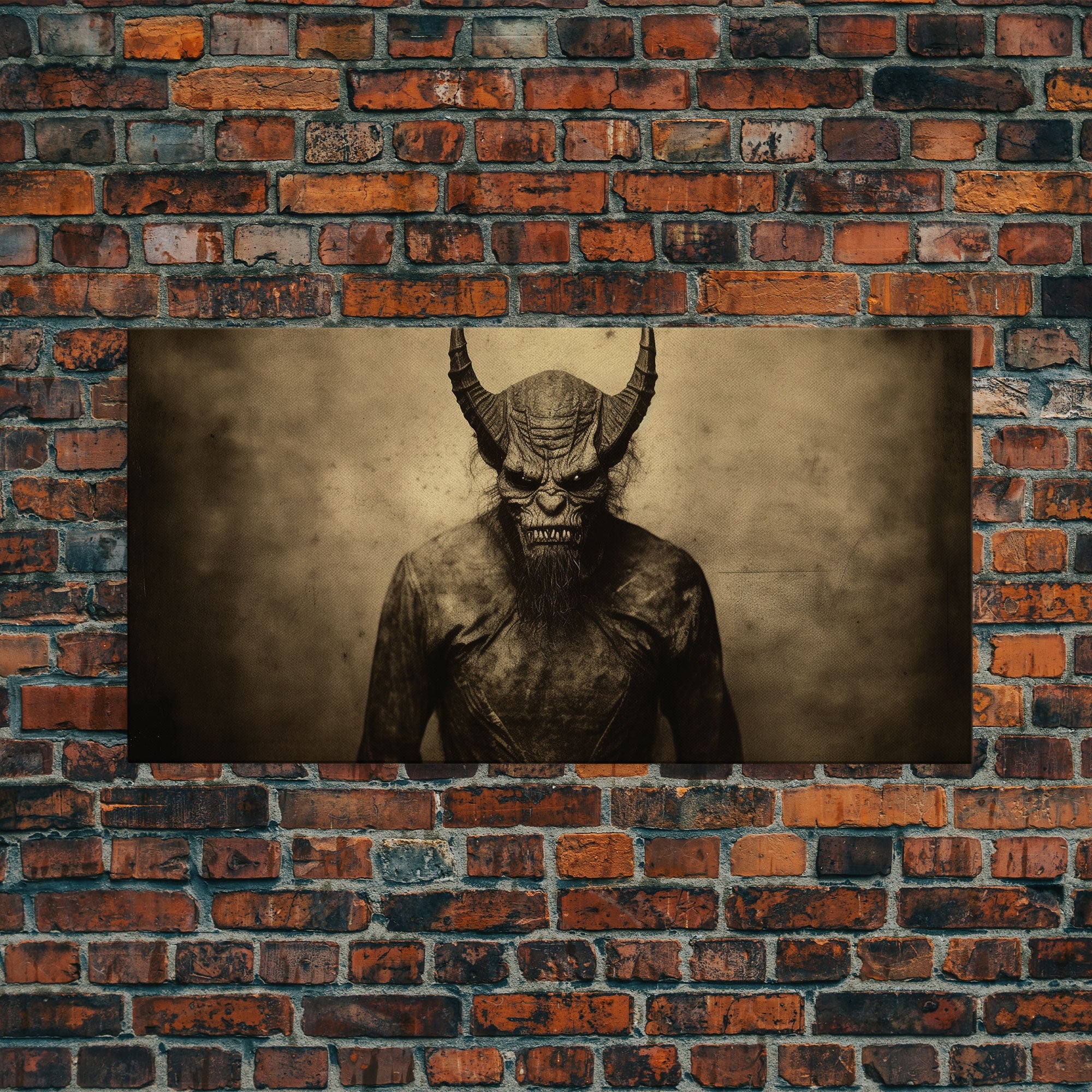 Photograph of A Demon, Creepy Halloween Trick Or Treaters, Framed Canvas Print, Vintage Tintype Photography Art, Halloween Art Print