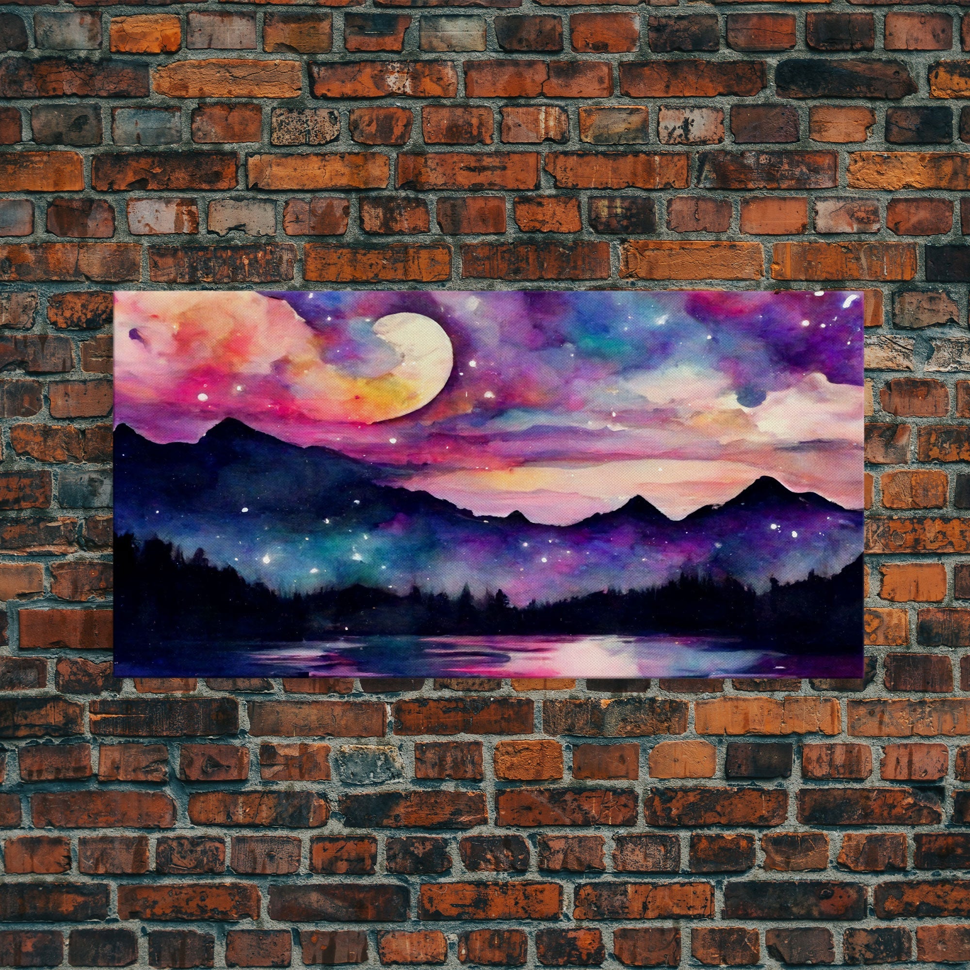 Magical forest canvas print, lake forest & mountains, beautiful wall art for living room, pink and purple wall art | | Wiccan Center