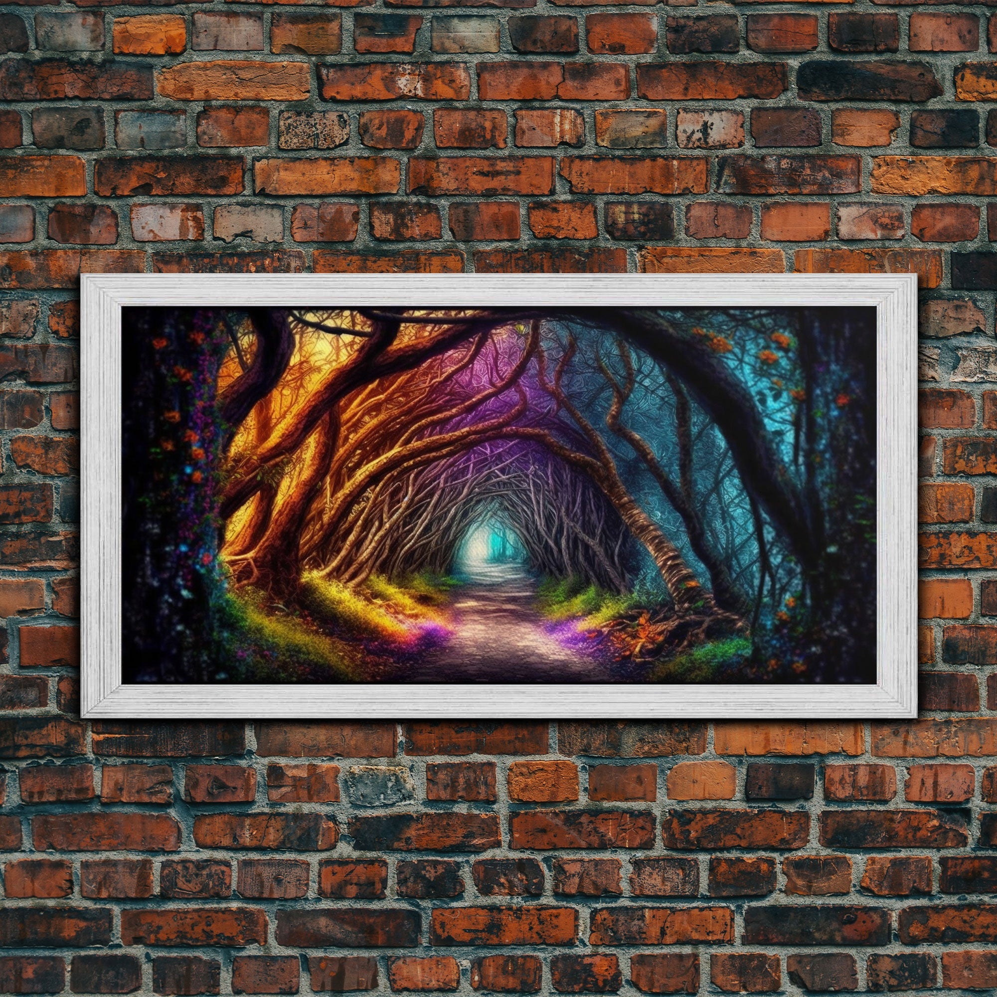 Secret Path, Fantasy Art, Pop Art Forest Landscape, Framed Canvas Print, Colorful Forest Painting, Living Room Art, Glowing Magical Forest | | Wiccan Center