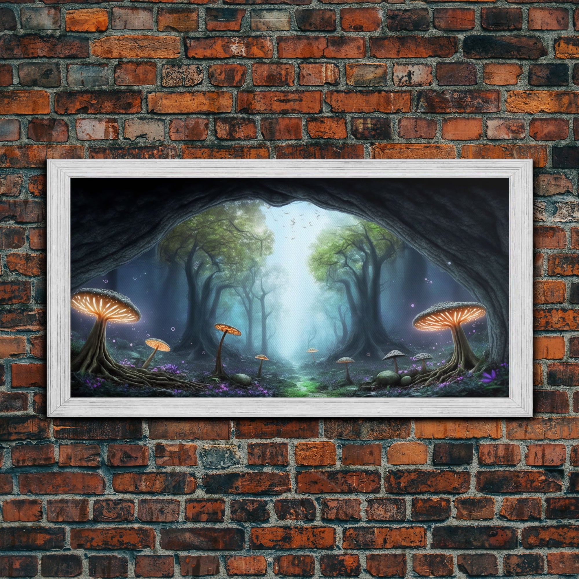 Magical Enchanted Mushroom Forest, Fantasy Art, Framed Canvas Print, Bioluminescent Butterflies in an Enchanted Forest, Glowing Art | | Wiccan Center