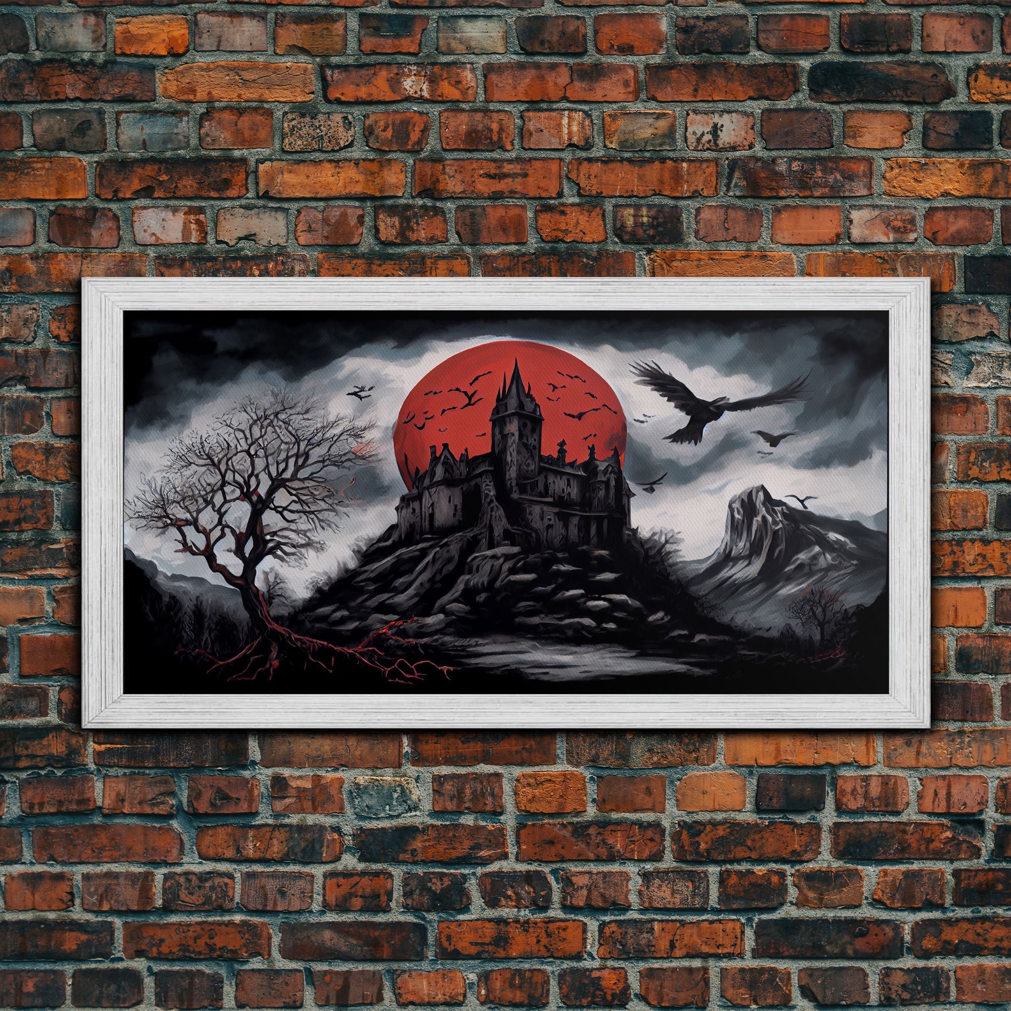 Horror Art, Haunted Castle and Blood Moon, Framed Canvas Print, Goth Art, Gothic Decor, Cool Wall Art