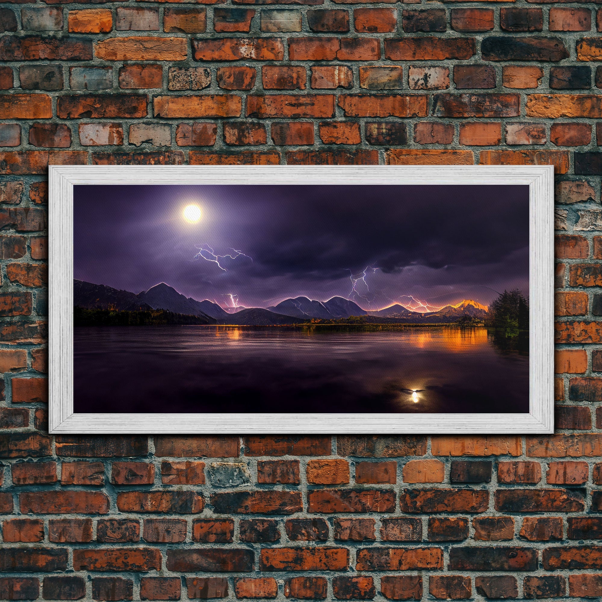 Full moon canvas print, Lightning storm over a mountain lake at night, cool wall art, awesome wall art
