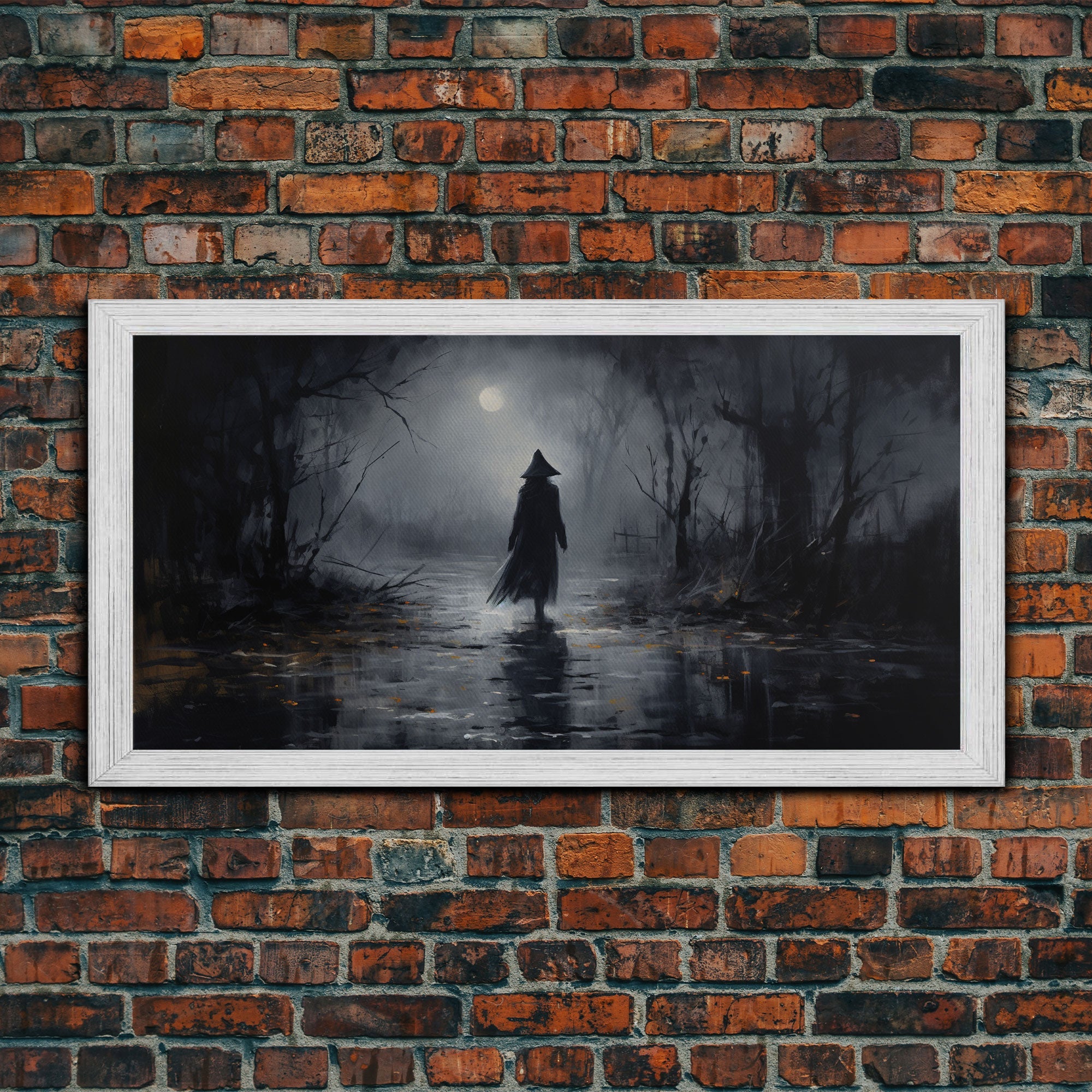 Witch Walking In The Rain Under A Full Moon, Witch Print, Framed Canvas or Poster, Victorian Oil Painting, Dark Academia, Witchcraft Decor | | Wiccan Center