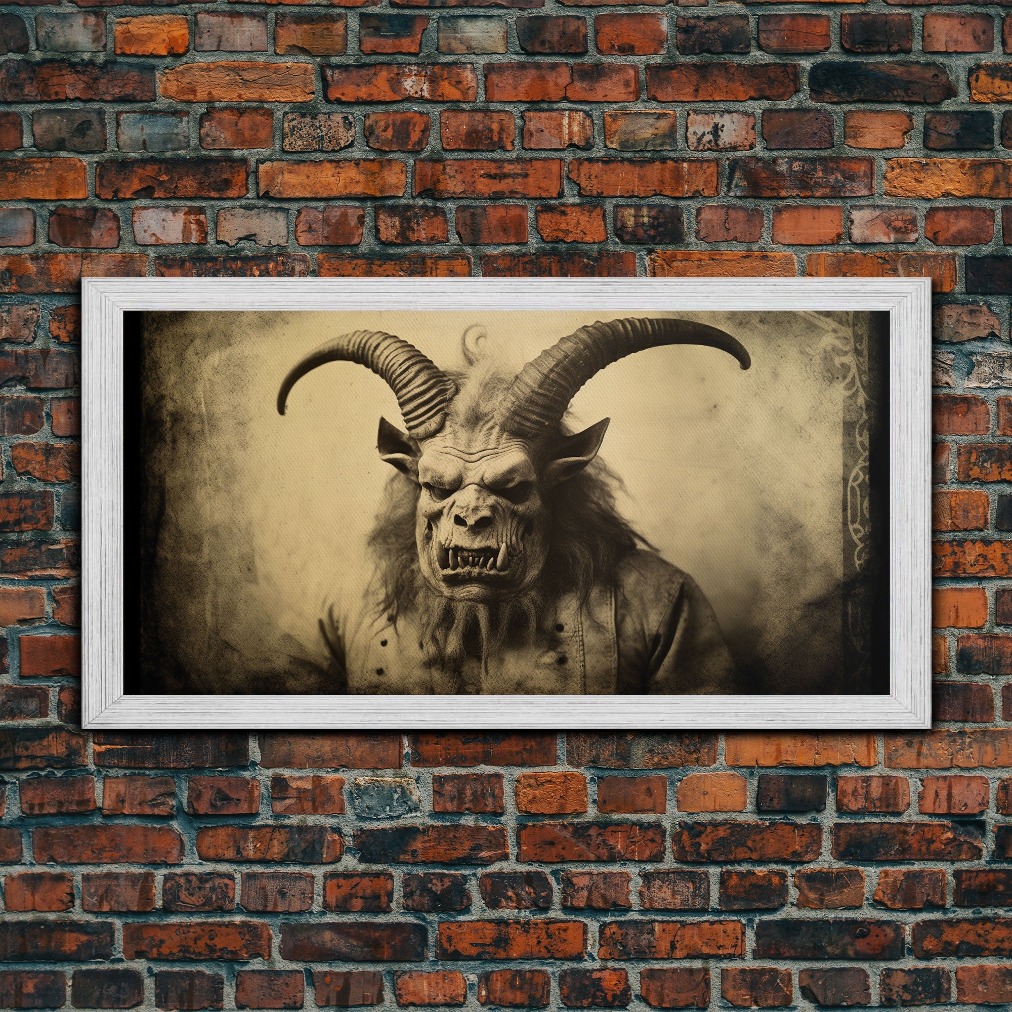 Photograph of A Demon, Creepy Halloween Trick Or Treaters, Framed Canvas Print, Vintage Tintype Photography Art, Halloween Art Print