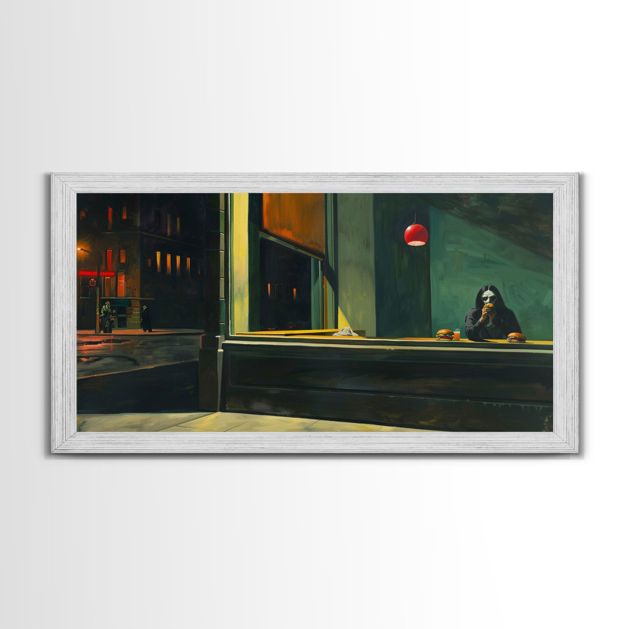Demon Having a Cheeseburger in a Diner, Funny / Liminal Halloween Art, Framed Canvas Print