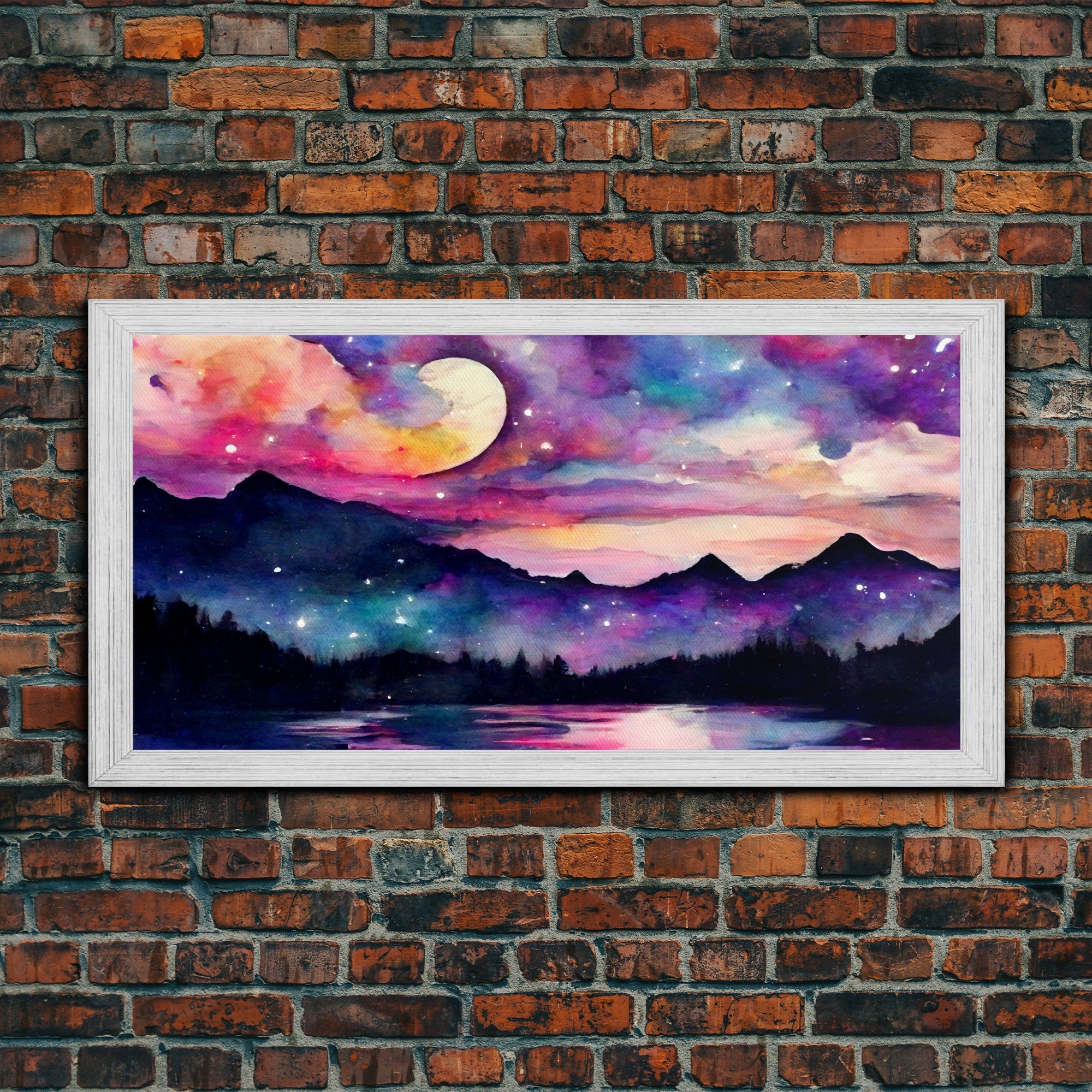Magical forest canvas print, lake forest & mountains, beautiful wall art for living room, pink and purple wall art | | Wiccan Center