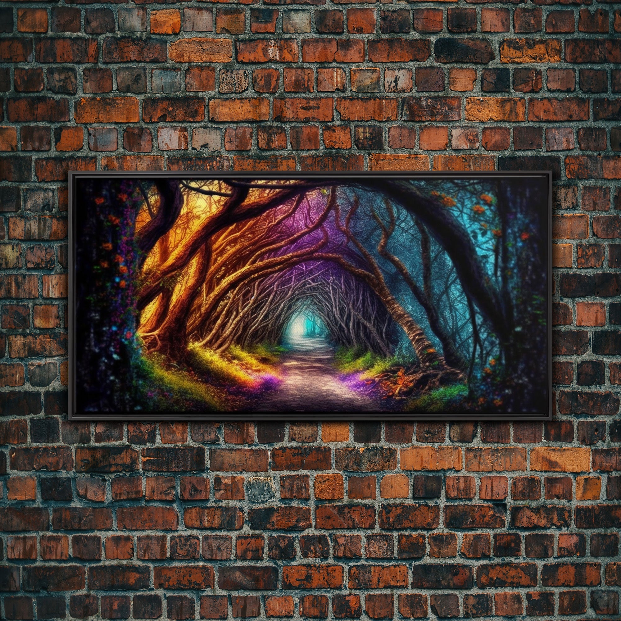 Secret Path, Fantasy Art, Pop Art Forest Landscape, Framed Canvas Print, Colorful Forest Painting, Living Room Art, Glowing Magical Forest | | Wiccan Center