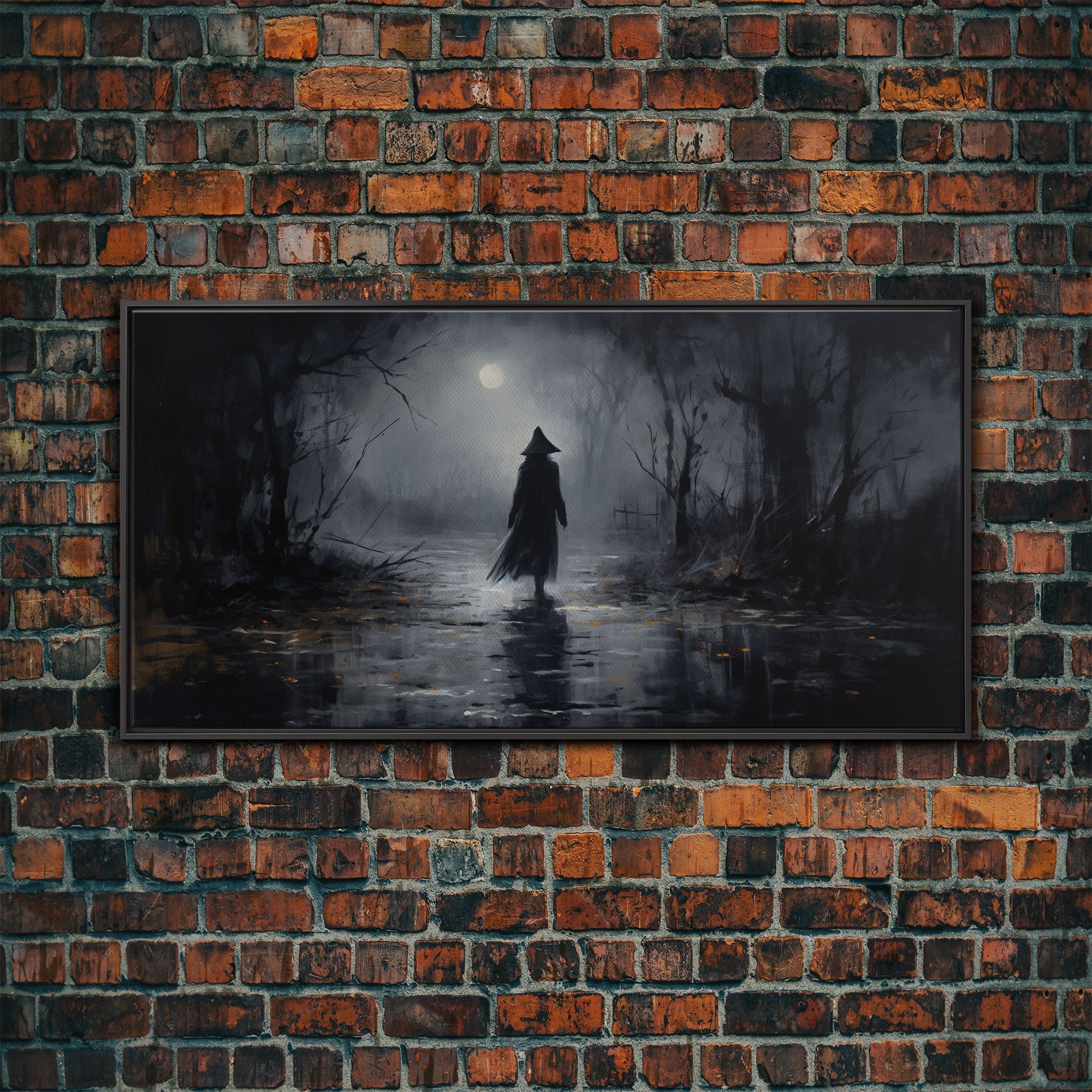 Witch Walking In The Rain Under A Full Moon, Witch Print, Framed Canvas or Poster, Victorian Oil Painting, Dark Academia, Witchcraft Decor | | Wiccan Center