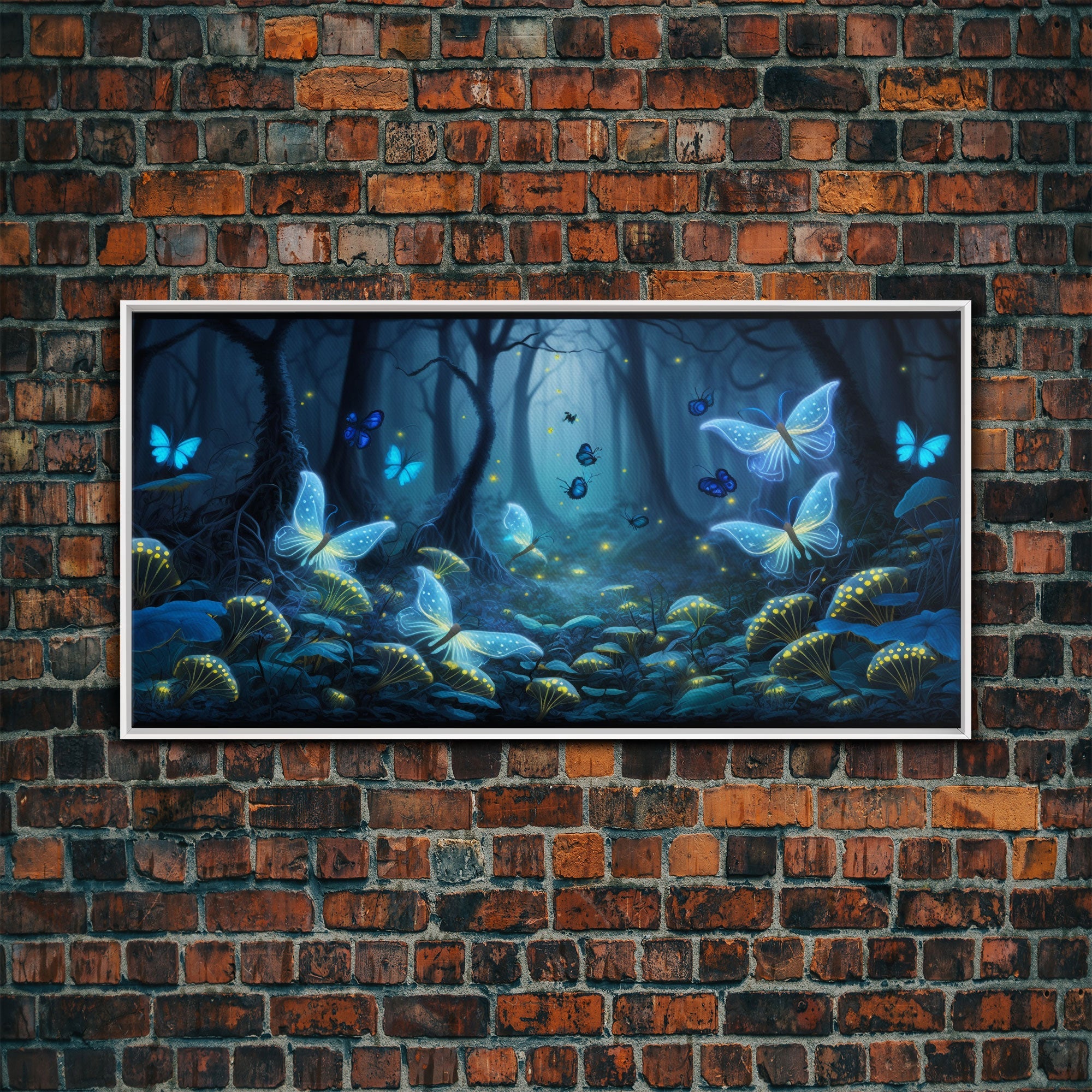 Magical Enchanted Fairy Forest, Fantasy Art, Framed Canvas Print, Bioluminescent Butterflies in an Enchanted Forest, Glowing Art | | Wiccan Center