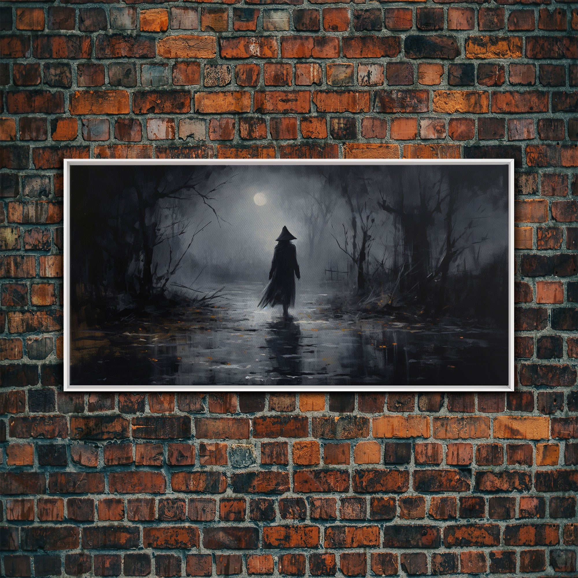 Witch Walking In The Rain Under A Full Moon, Witch Print, Framed Canvas or Poster, Victorian Oil Painting, Dark Academia, Witchcraft Decor | | Wiccan Center